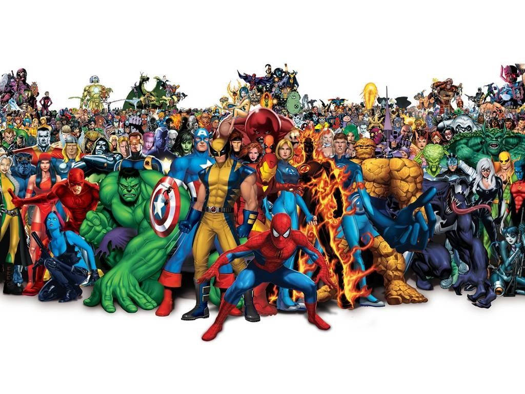 Marvel alle ster-superhelde met skurk in een gemeenskap.