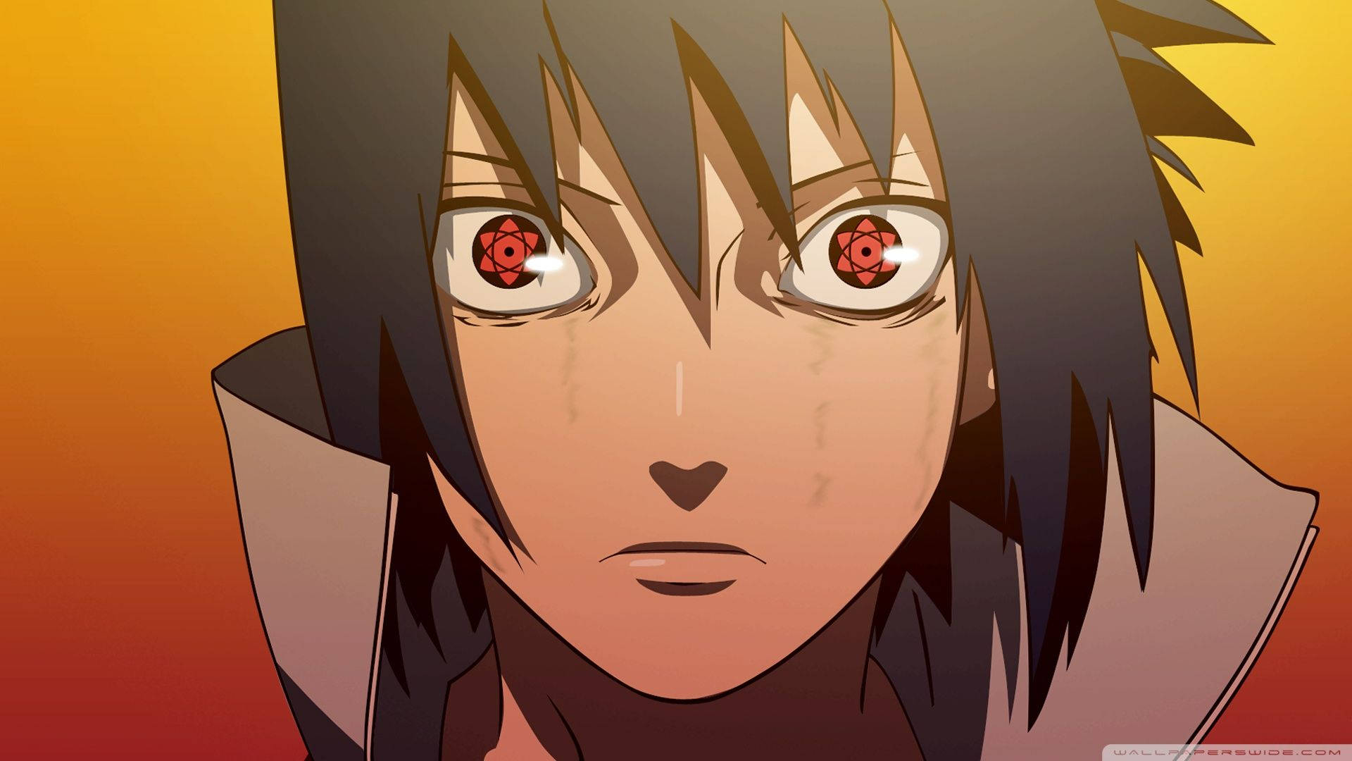 Agtergrond van Sasuke Uchiha wat Mangekyou Sharingan-vermoë vertoon.