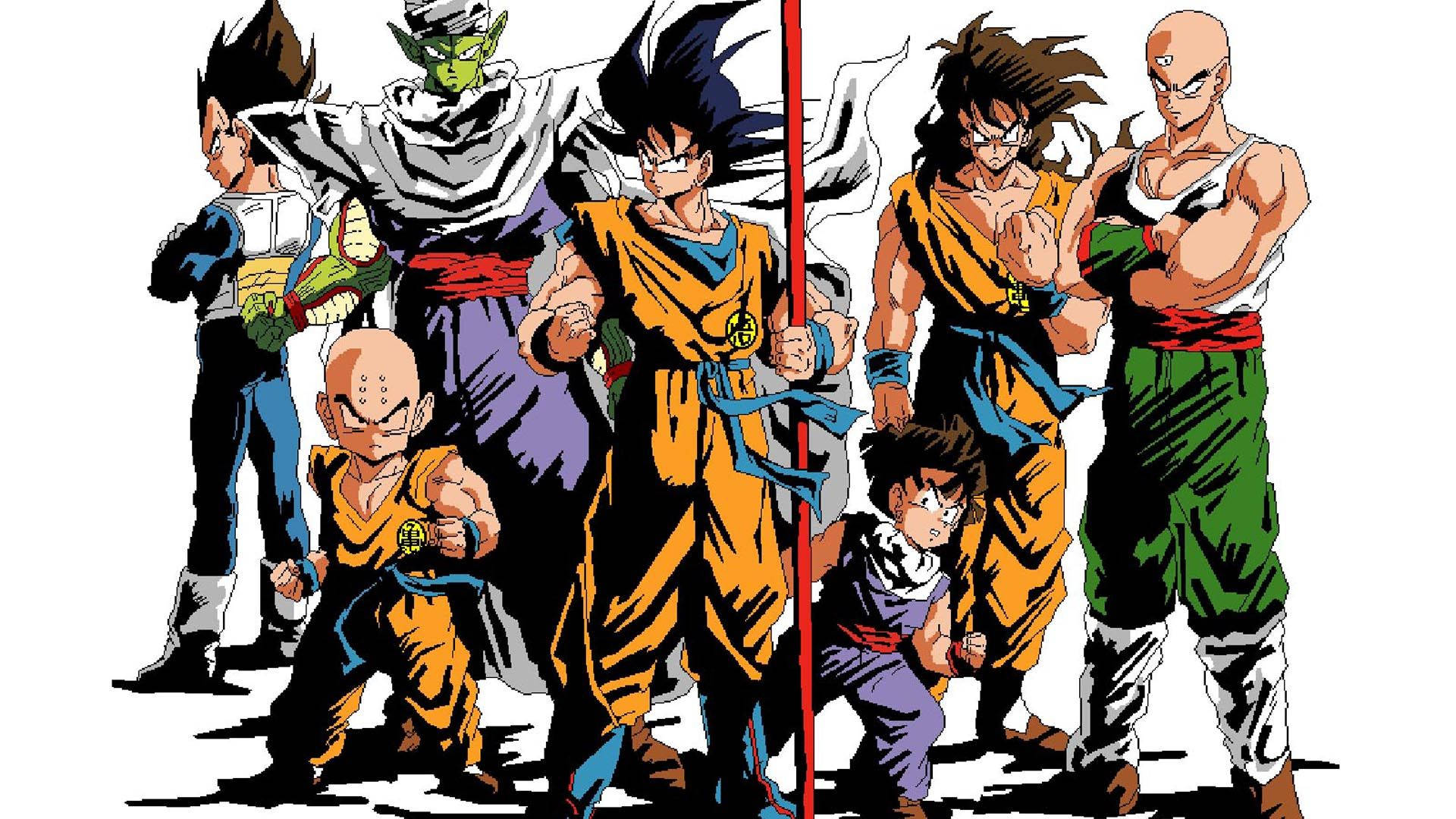 Dragon Ball San Goku super broly met Vegeta, Piccolo en Gohan, Super saiyans anime karakter. — Dragon ball super GIF Muurpapier