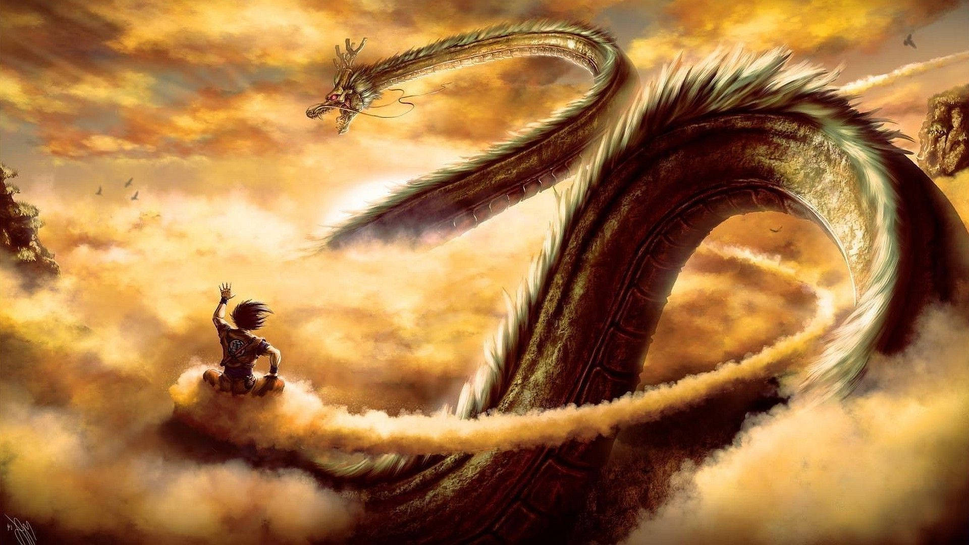 Dragon Ball Z Live Action regte Shenron die lang groen draak met San Goku wat op 'n vlieënde wolk ry. — Dragon ball super GIF Muurpapier