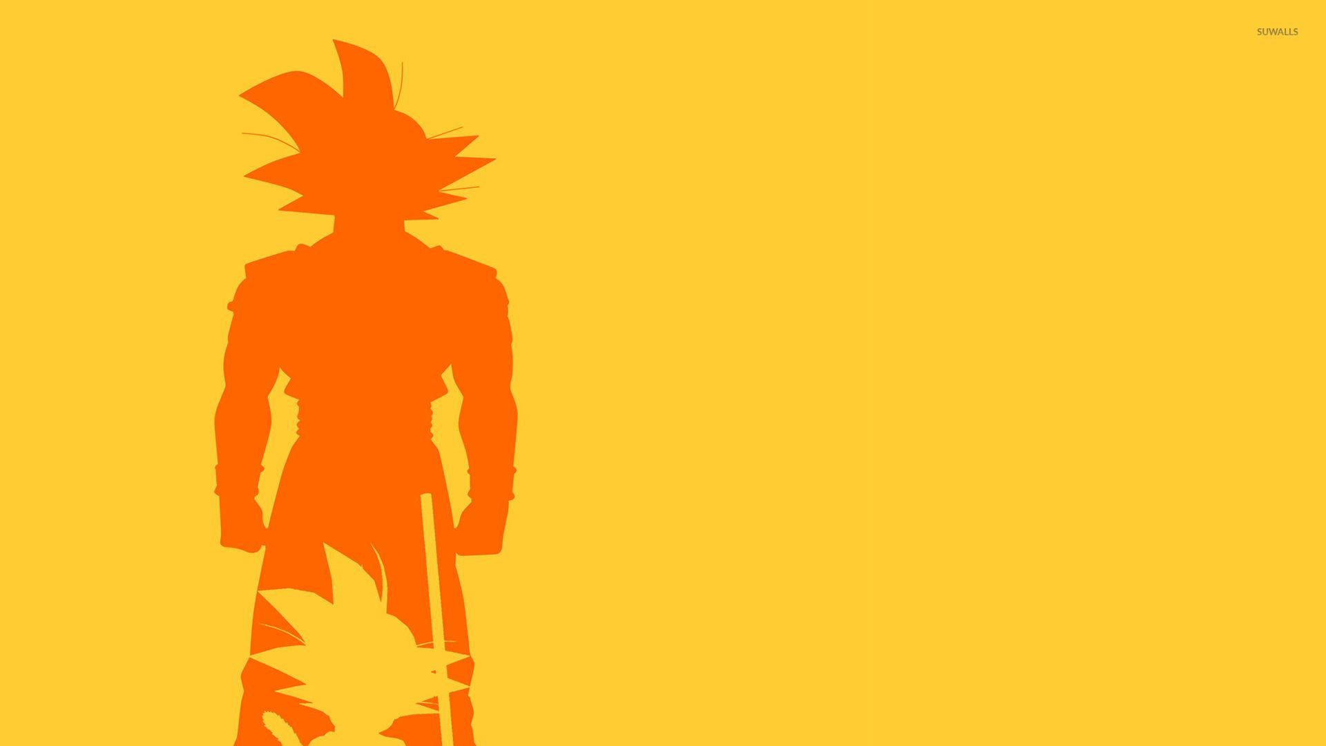 Dragon Ball Z super broly San Goku en Gohan se skaduwee in 'n oranje en geel minimalistiese agtergrond.