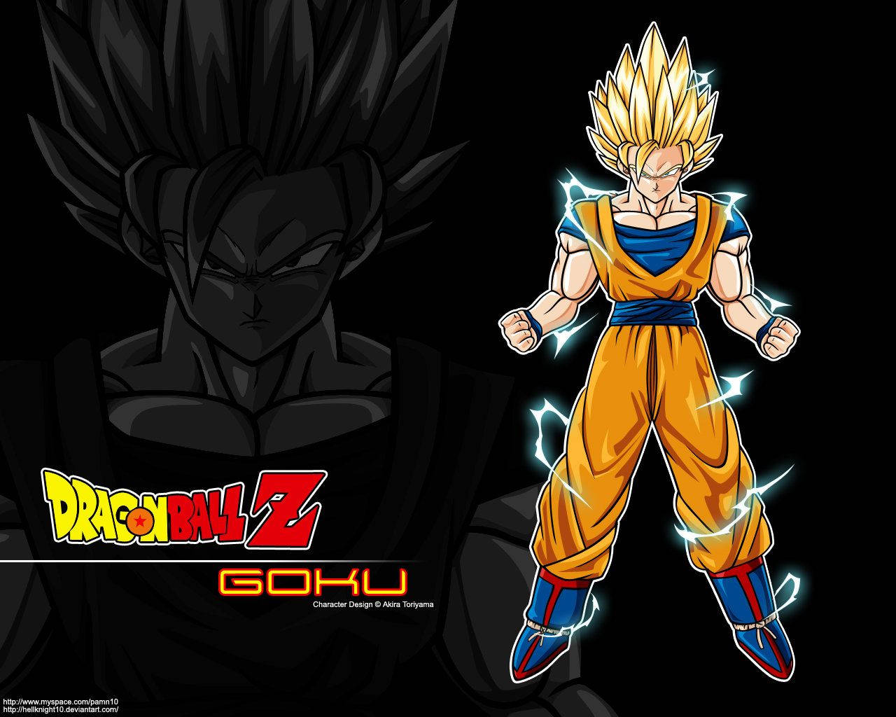 Behangpapier van Goku in Super Saiyan 2-transformasie op swart agtergrond.