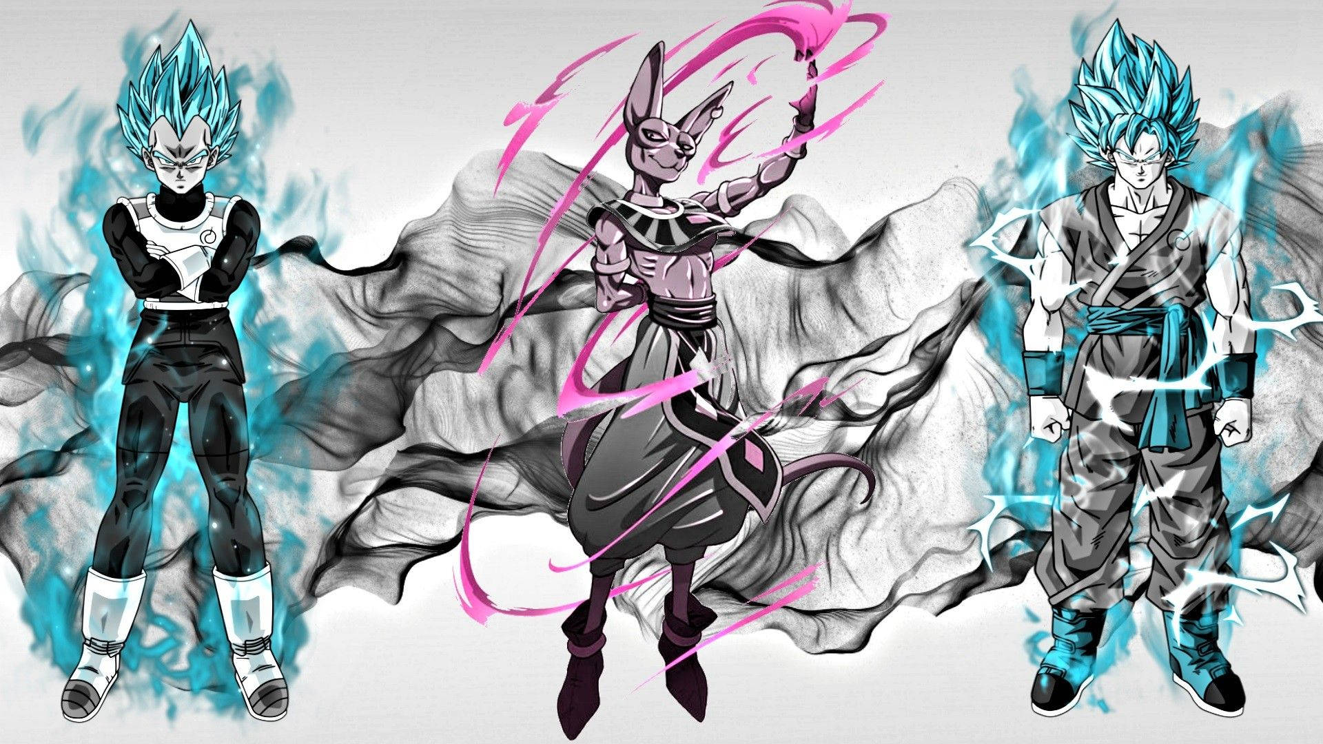 Dragon Ball Super broly Vegeta en San Goku super saiyan-modus op 'n grys agtergrond.
