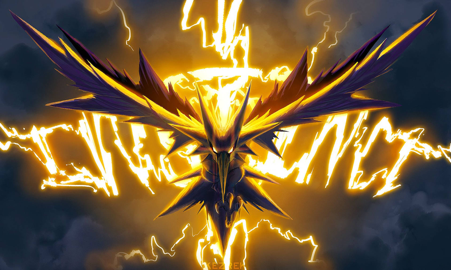 Dondervoël Pokémon wat in die lug vlieg en geëvolueer is.