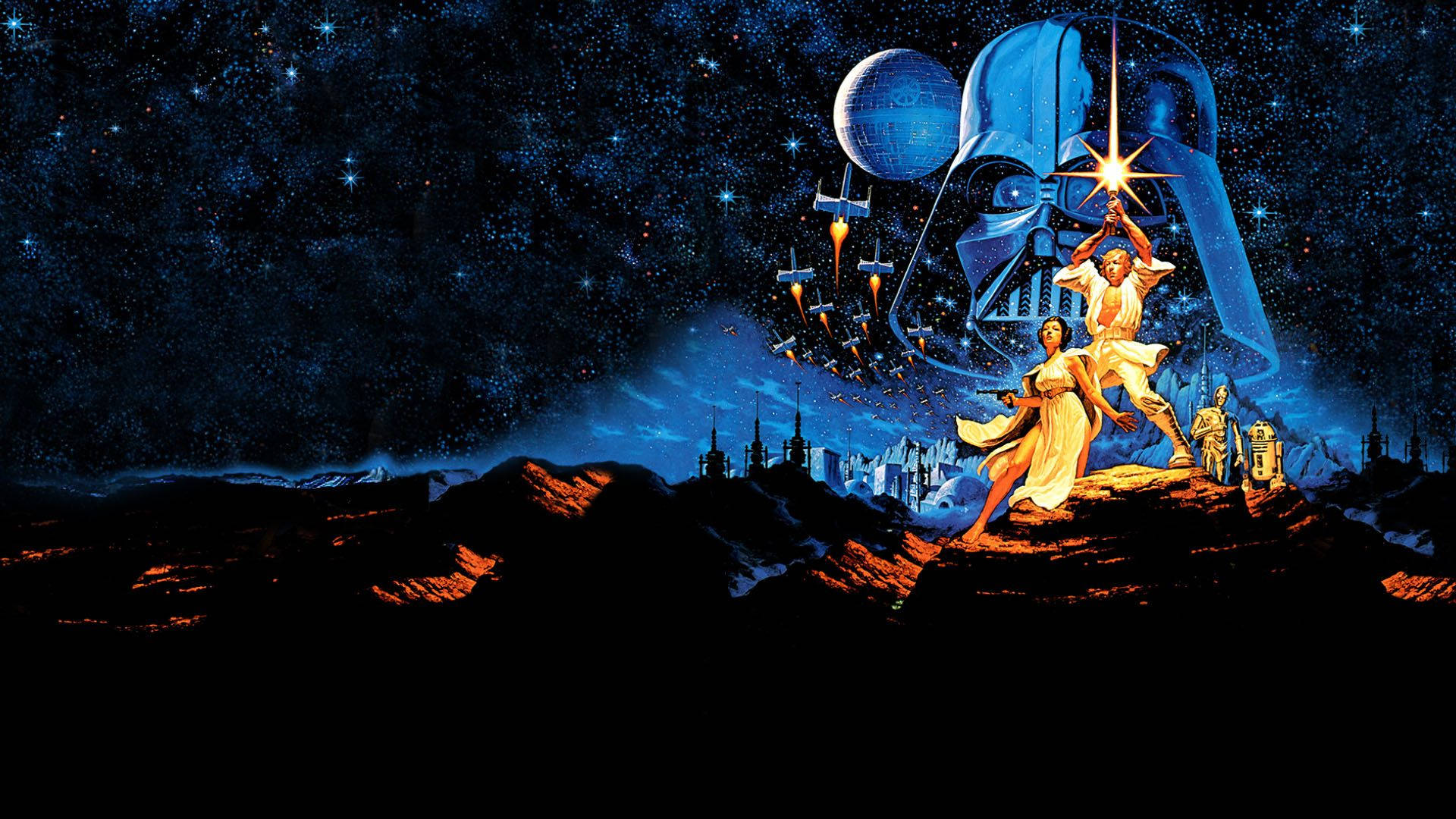 Star Wars-agtergrond van Prinses Leia en Han Solo wat op 'n ander planeet se grond staan. — Star Wars Muurpapier