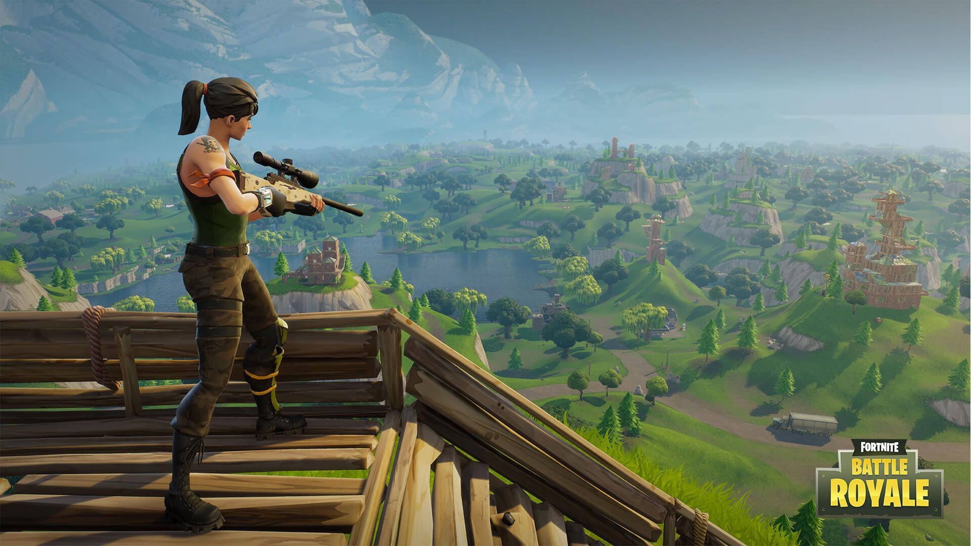 'n Vroulike soldaat hou 'n sluipskiet om na 'n teiken op die grond te soek in die speletjie Fortnite Battle Royale-agtergrond.