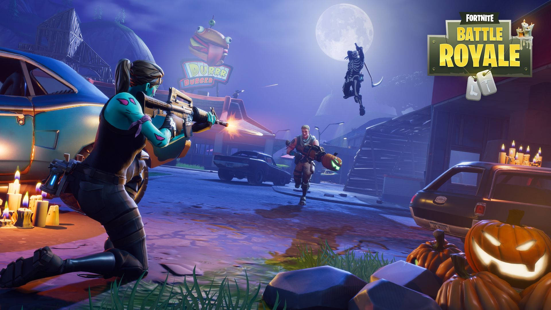 'n Geveg gedurende die nag tussen drie karakters in Fortnite-agtergrond.