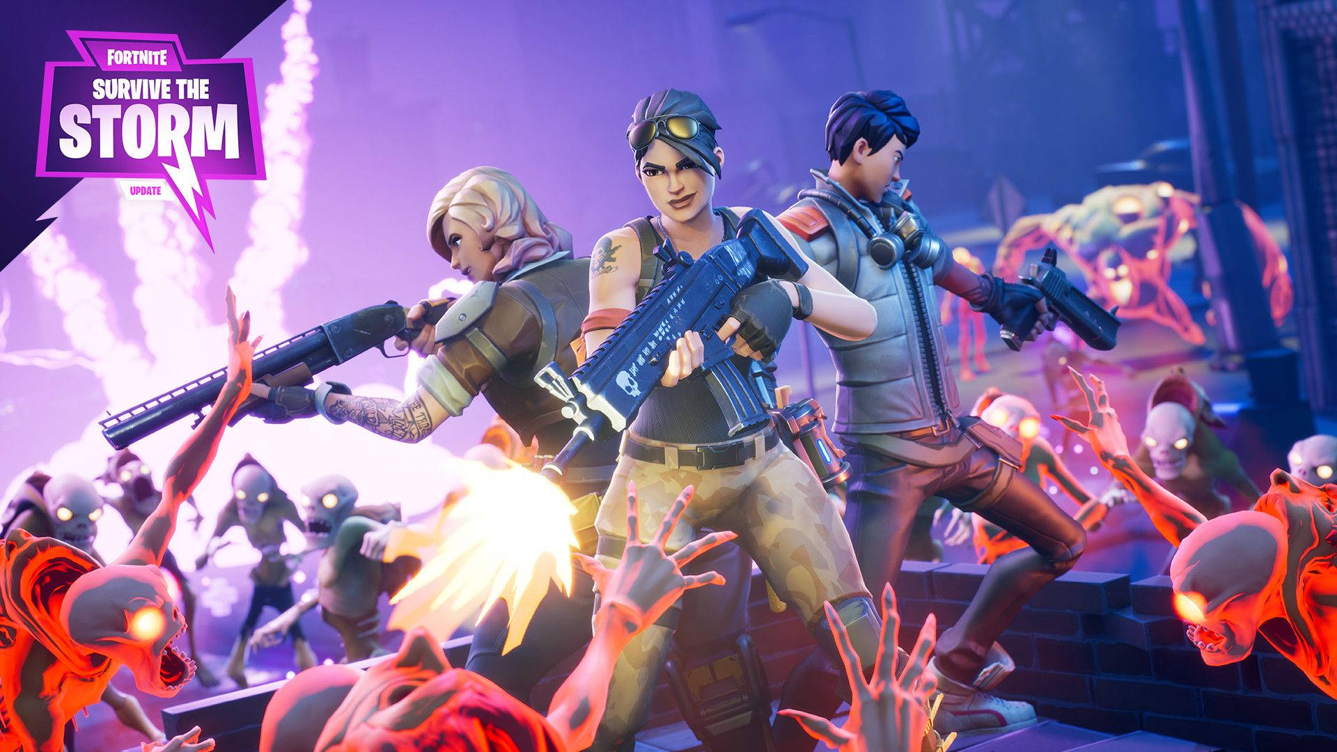 Twee vroue en 'n man wat teen monsters veg van Fortnite Survive The Storm HD-agtergrond.