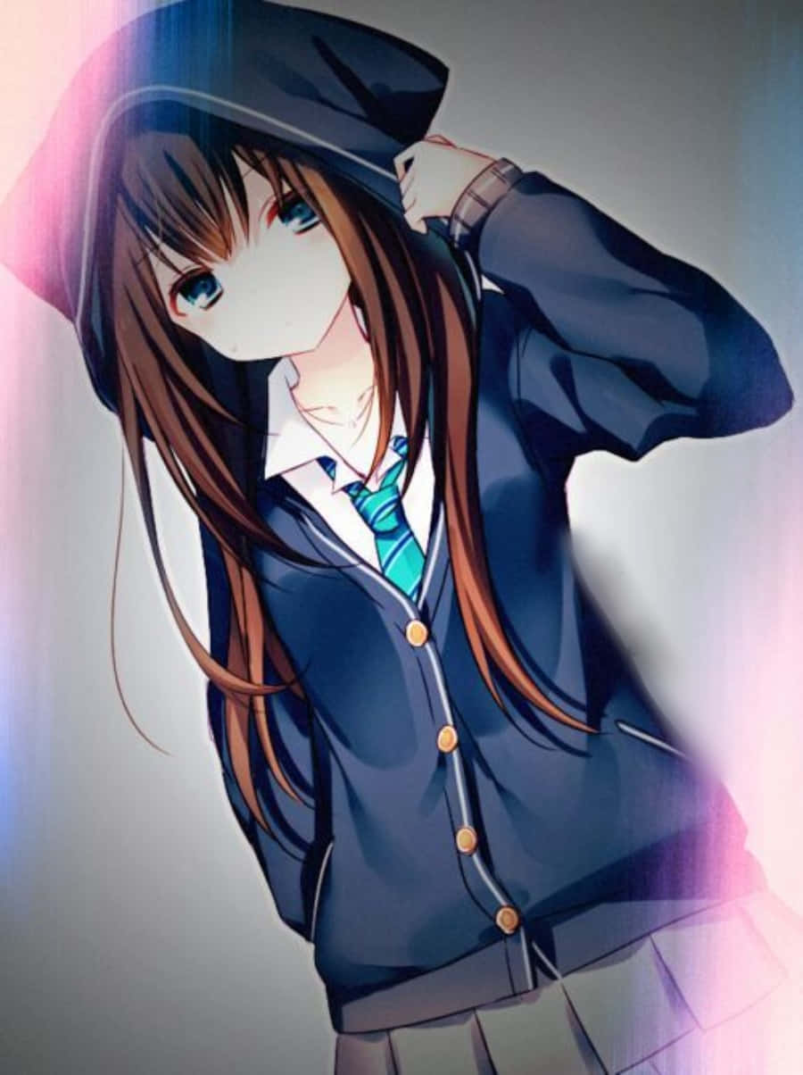 Oorspronklike Anime Meisie in 'n Pienk Kapoi Muurpapier
