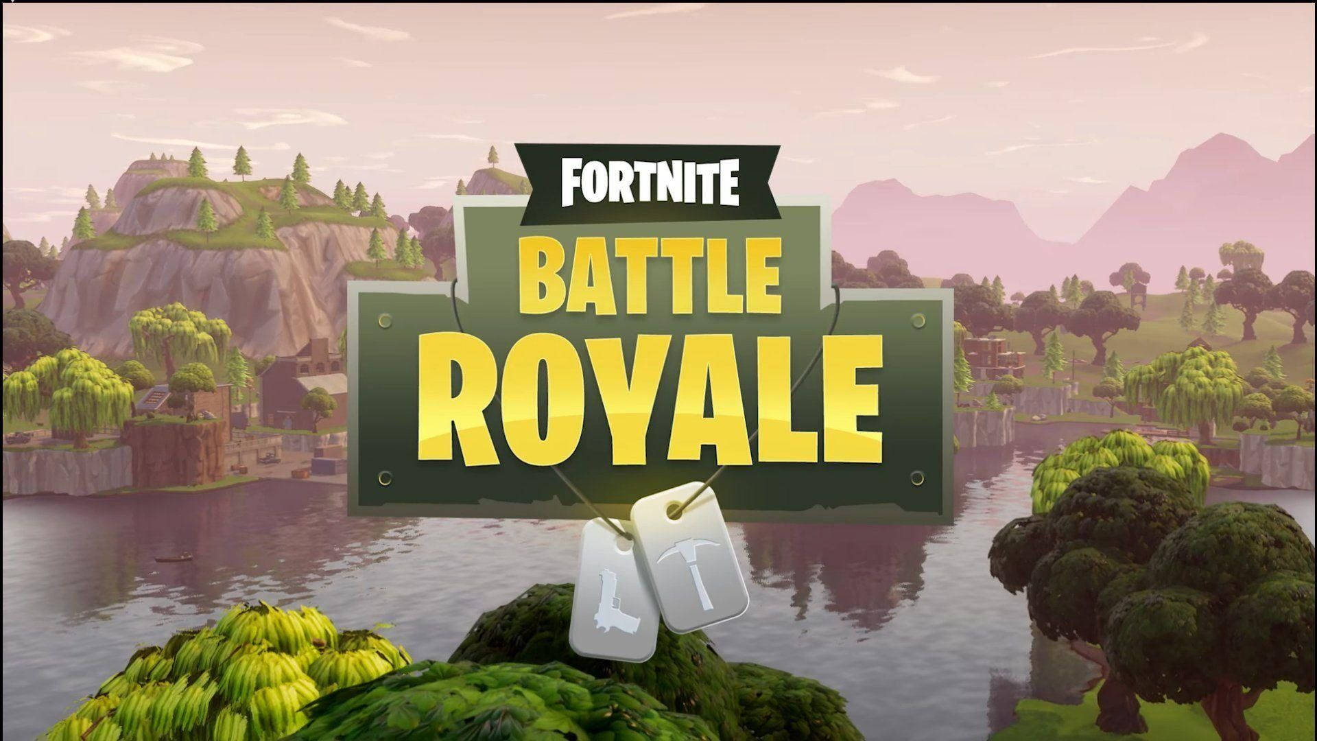 Fortnite Battle Royale-speletjieskerm met meer en bome HD-agtergrond.