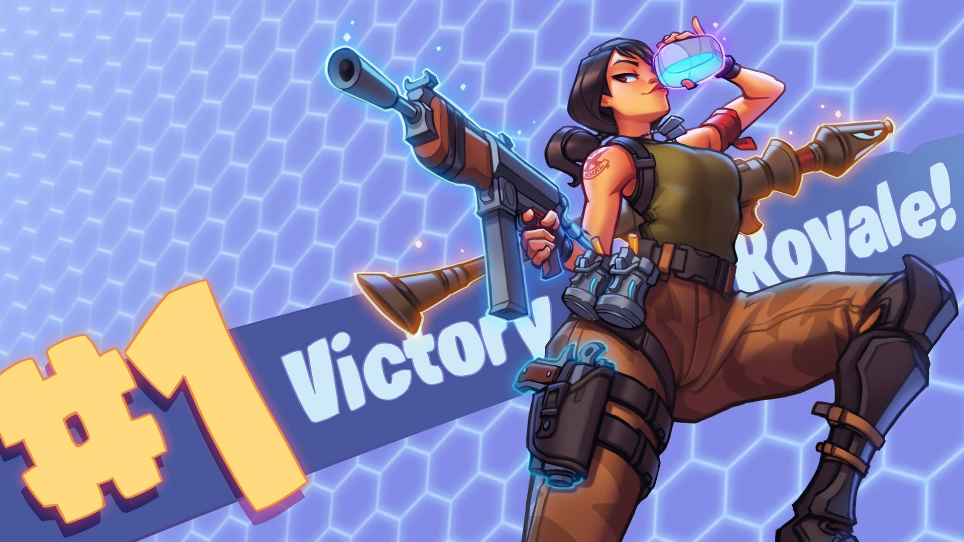 'n Vroulike karakter van Fortnite wat 'n geweer vashou en 'n skilddrankie drink agtergrond.