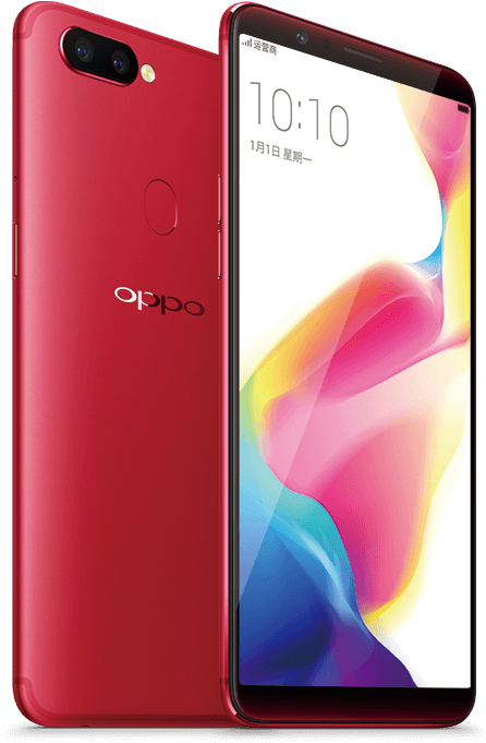 Oppo Rooi Slimfoon Vertoon en Agterkant Muurpapier