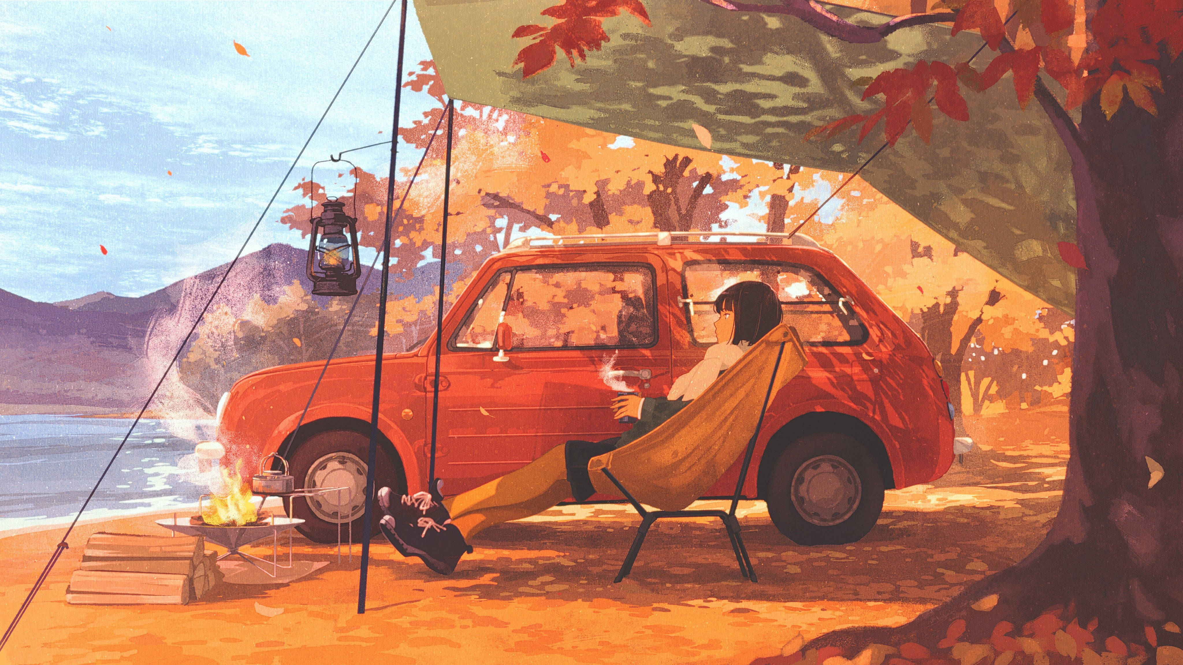 Oranje Anime Motor Muurpapier