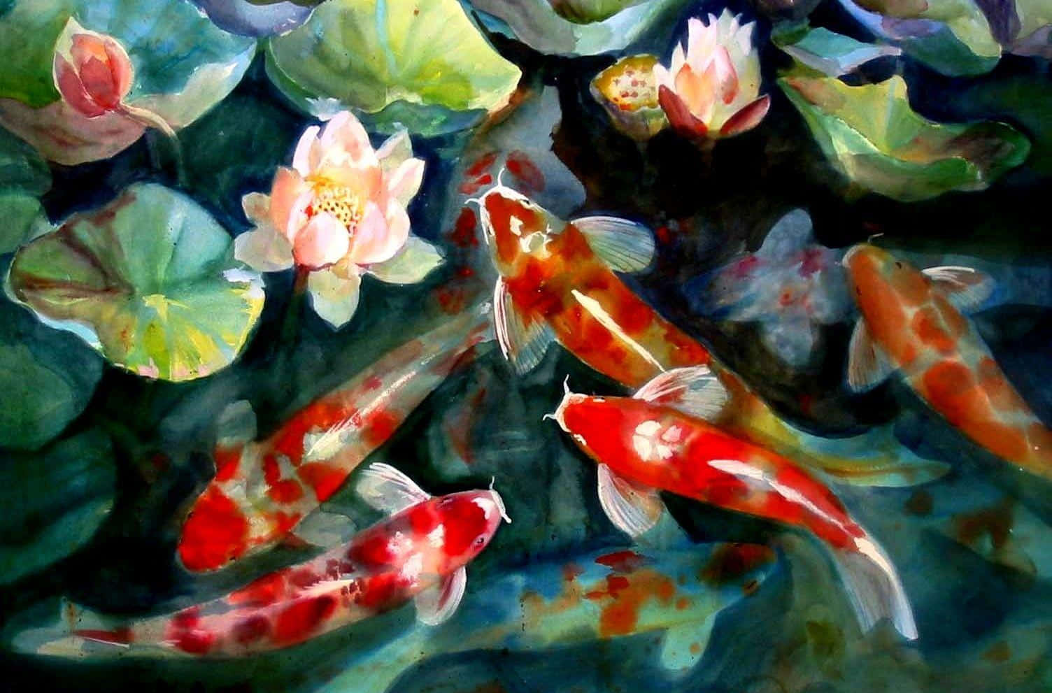 Oranje lewendige koi-vis en lotus Muurpapier