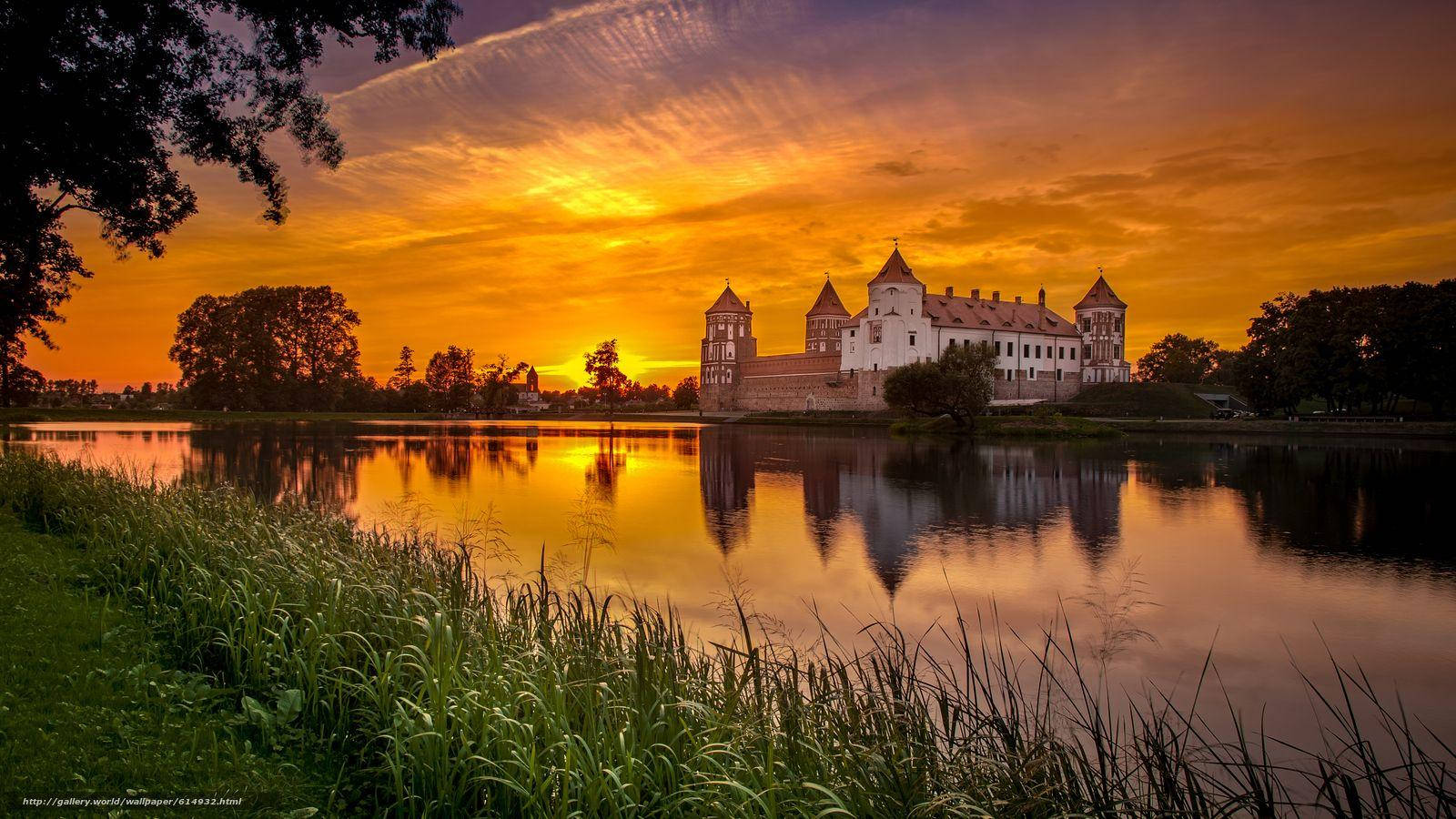 Oranje Sonsondergang Belarus Kasteel Muurpapier
