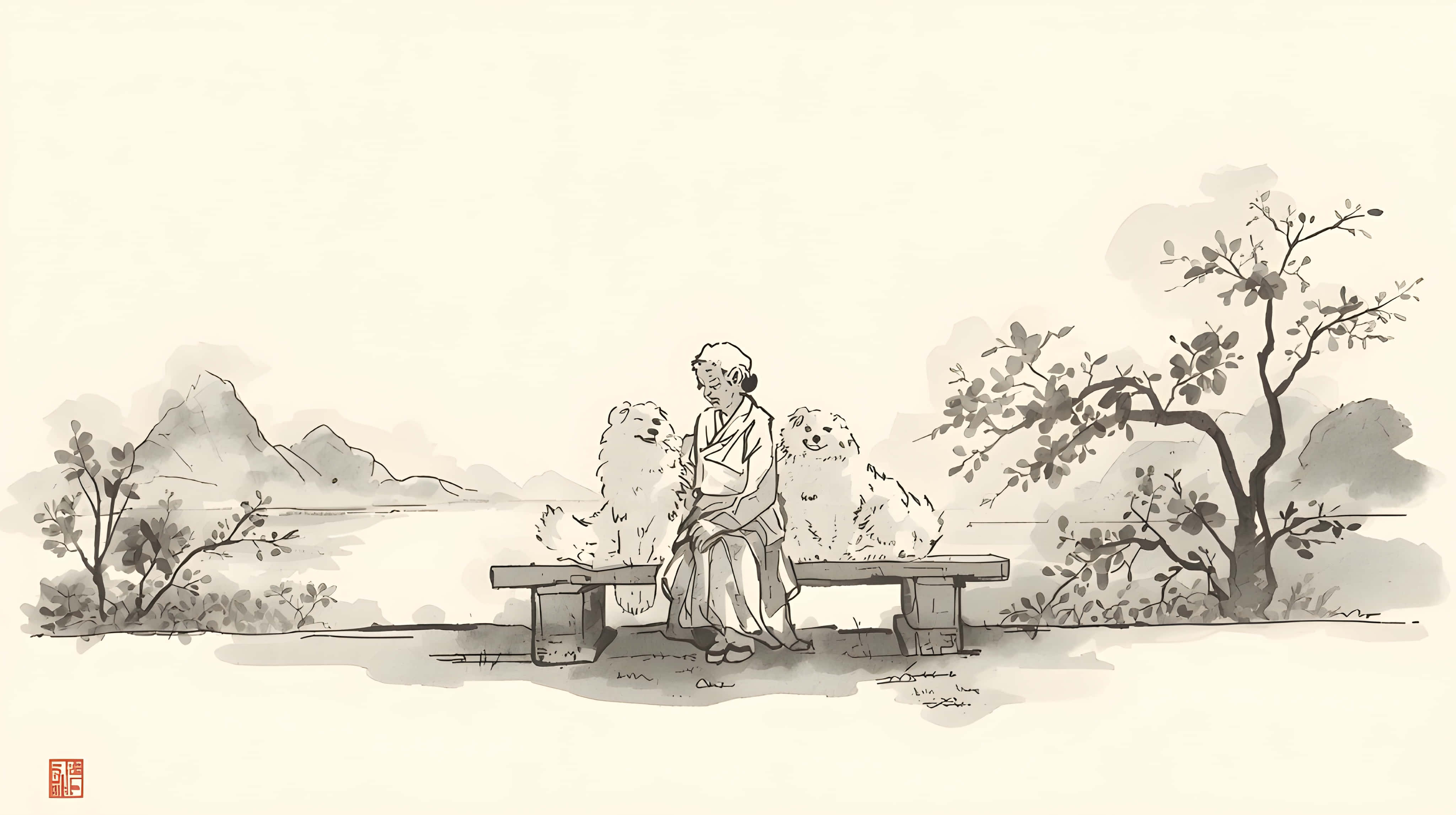 Ou Vrou Sit met Honde in die Natuur Agtergrond Muurpapier