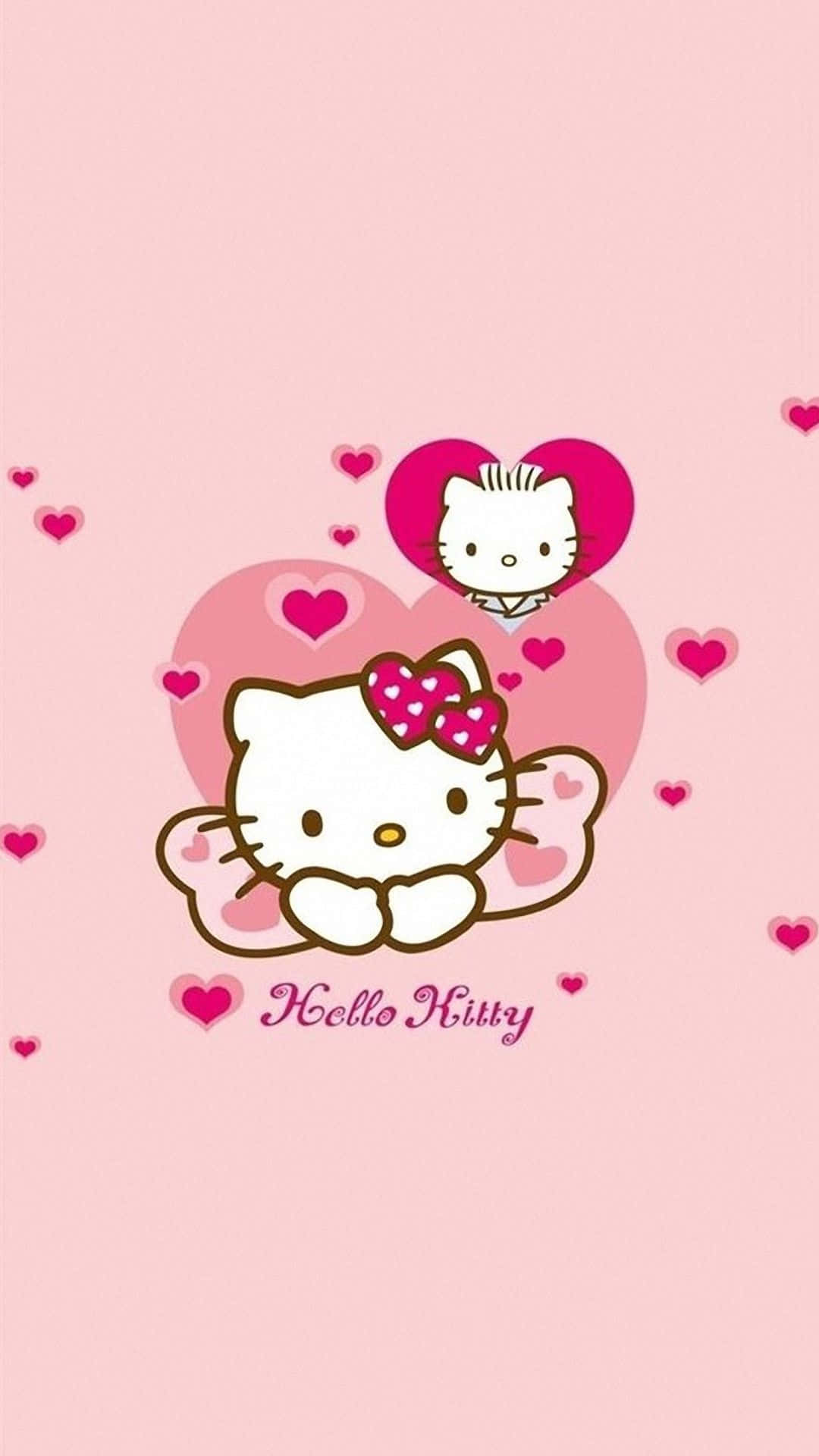 Oulik Pienk Hello Kitty wat op Lint leun Muurpapier