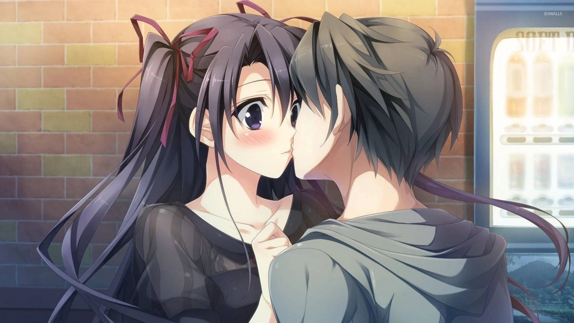 Oulike Anime-egpaar Soen Teen Baksteenmuur Muurpapier