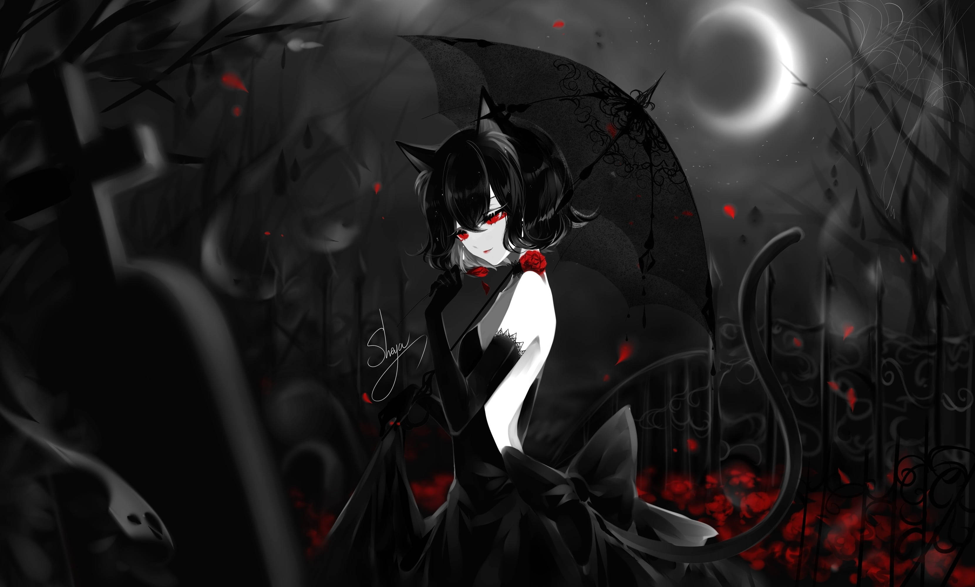 Oulike Anime Katmeisie Swart en Wit PFP Muurpapier