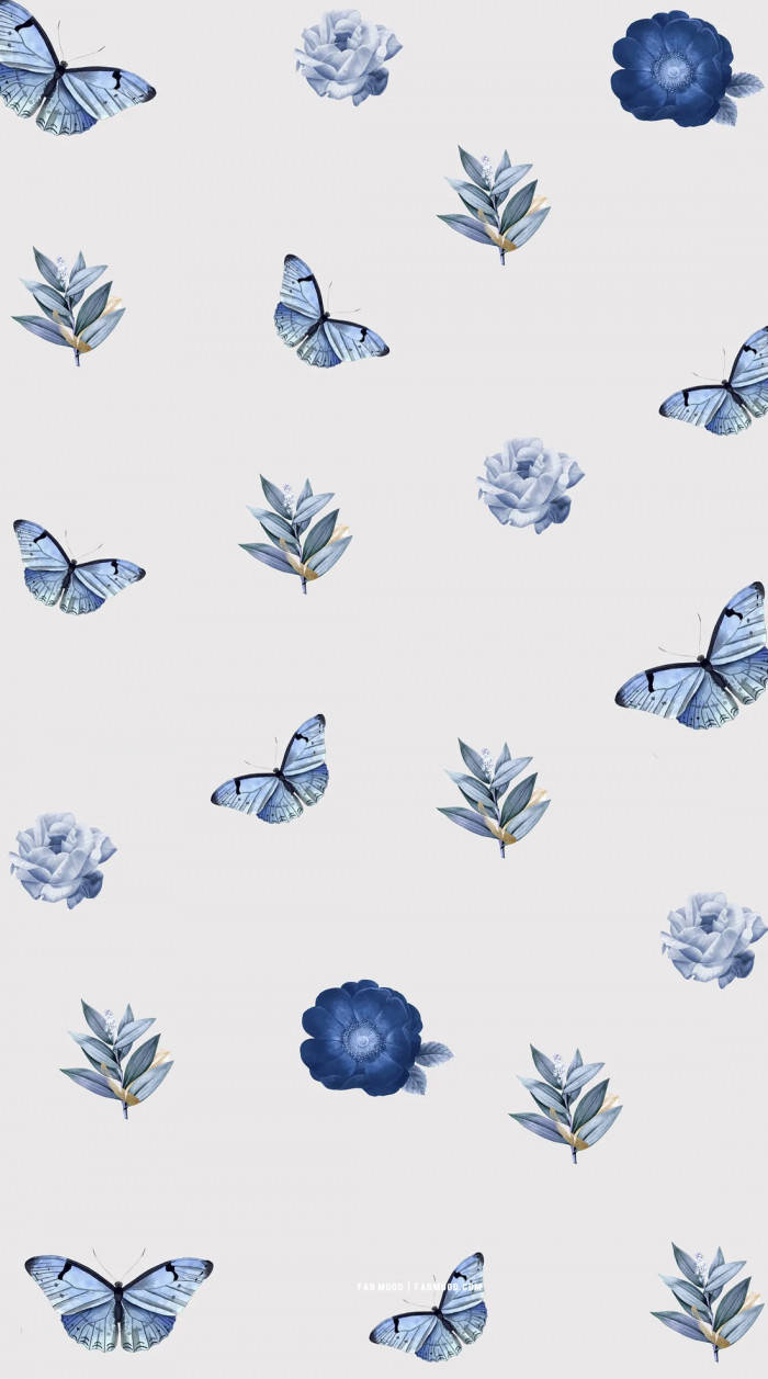 Oulike Blou Foon Skoenlappers en Blomme Muurpapier