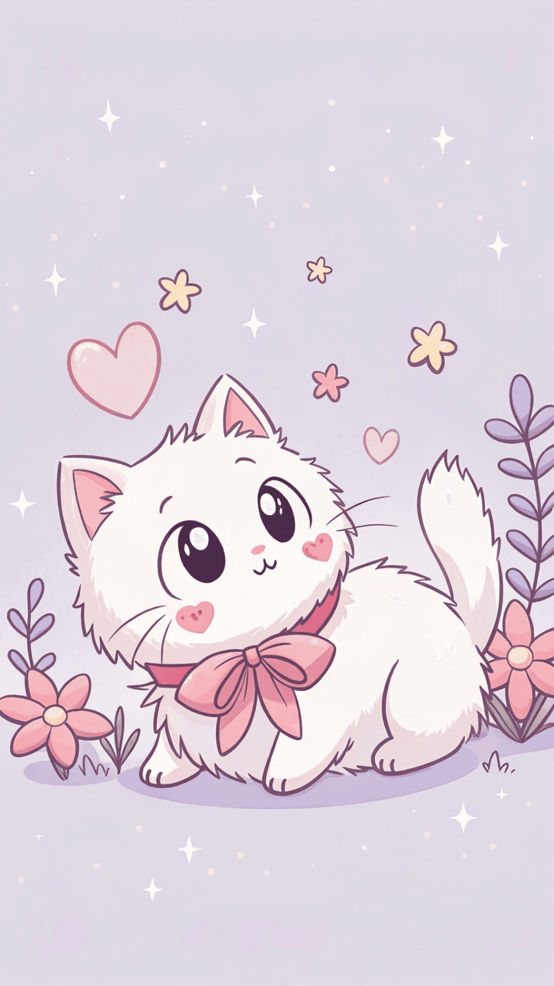 Oulike Chibi Kat met Pienk Strikkie Kawaii Kuns Muurpapier