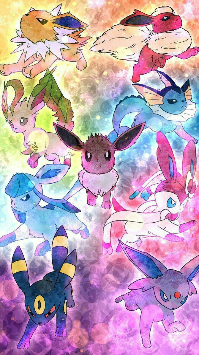 Oulike Eeveelusies Kleurvolle Digitale Kunswerk Muurpapier