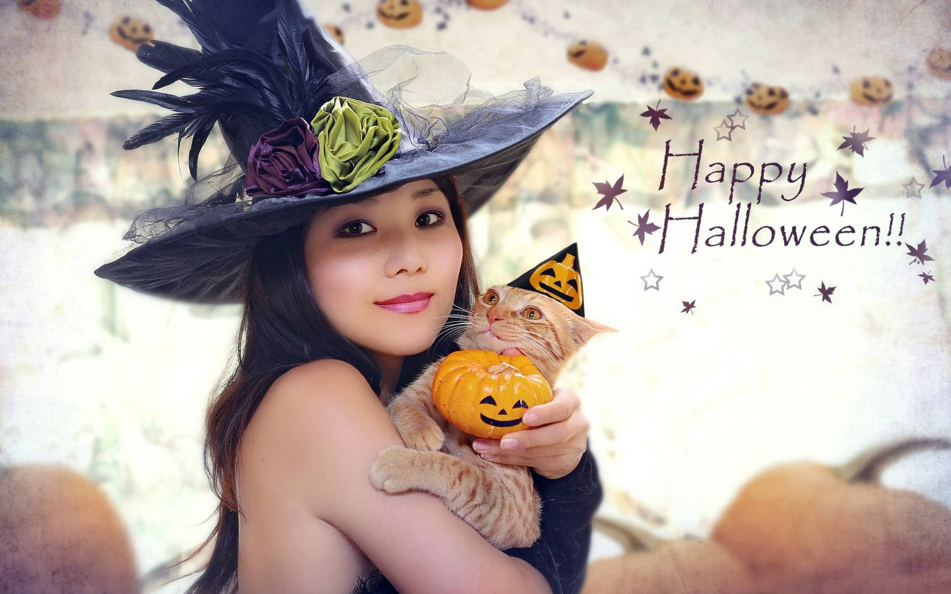 Oulike Heks met Kat vir Halloween Muurpapier