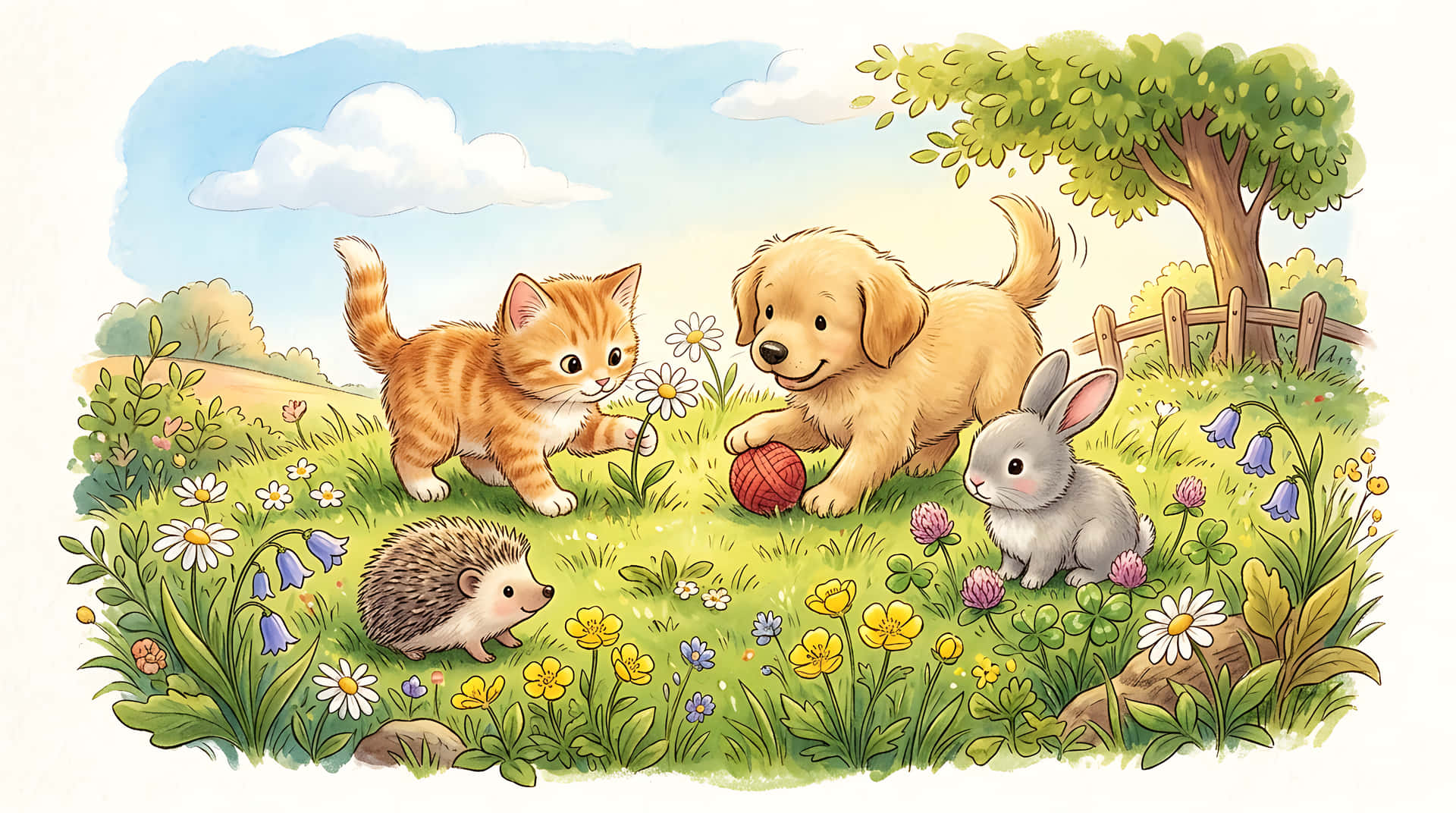 hondjie,katjie,konyn,krimpvarkie,diere,veld,blomme,lente,somer,natuur,buitelewe,waterverf,illustrasie,oulik,kawaii,kinders,kinderkamer,sprokie,storieboek,soet