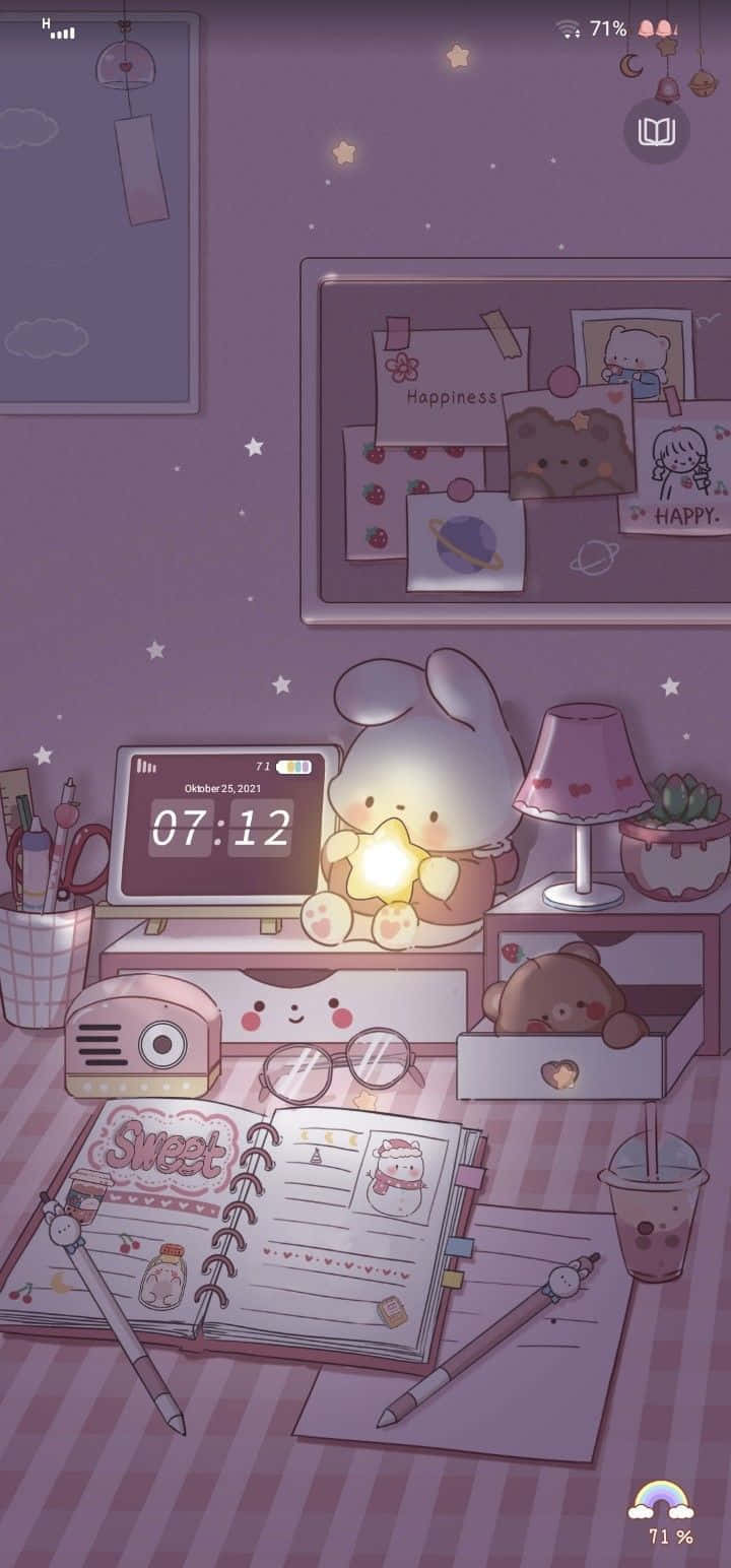 Oulike Kawaii Konyn in 'n Pers Studietafel Muurpapier