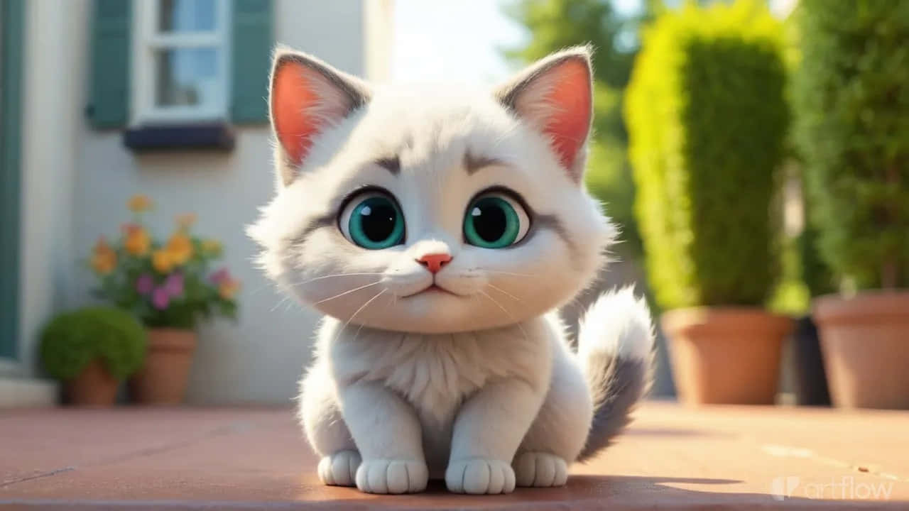 Oulike Kitten met Groot Oë Buitenshuis – Lieflike 3D-styl Kat Muurpapier
