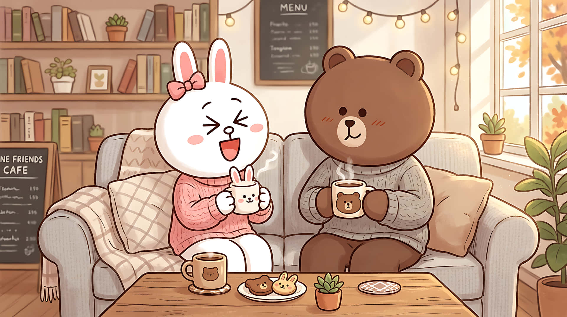 konyn,beer,haas,kafee,koffie,vriendskap,oulik,kawaii,illustrasie,strokiesprent,gesellig,hygge,truie,herfs,winter,binneleefstyl,vriende,liefde,paartjie