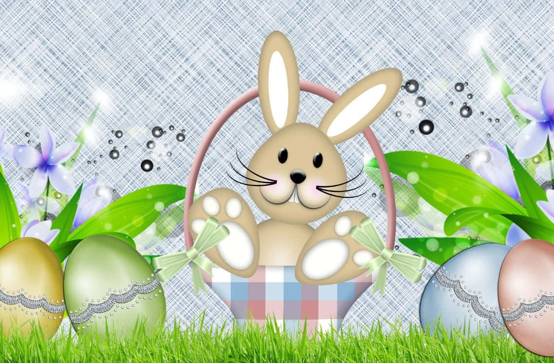 Oulike Paashaasies met Kleurvolle Eiers in 'n Bloeiende Tuin Muurpapier