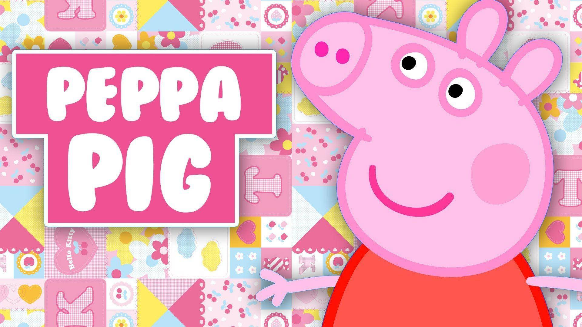 Oulike Peppa Pig-tablet vertoon op Hello Kitty-agtergrond — Hallo kitty GIF Muurpapier