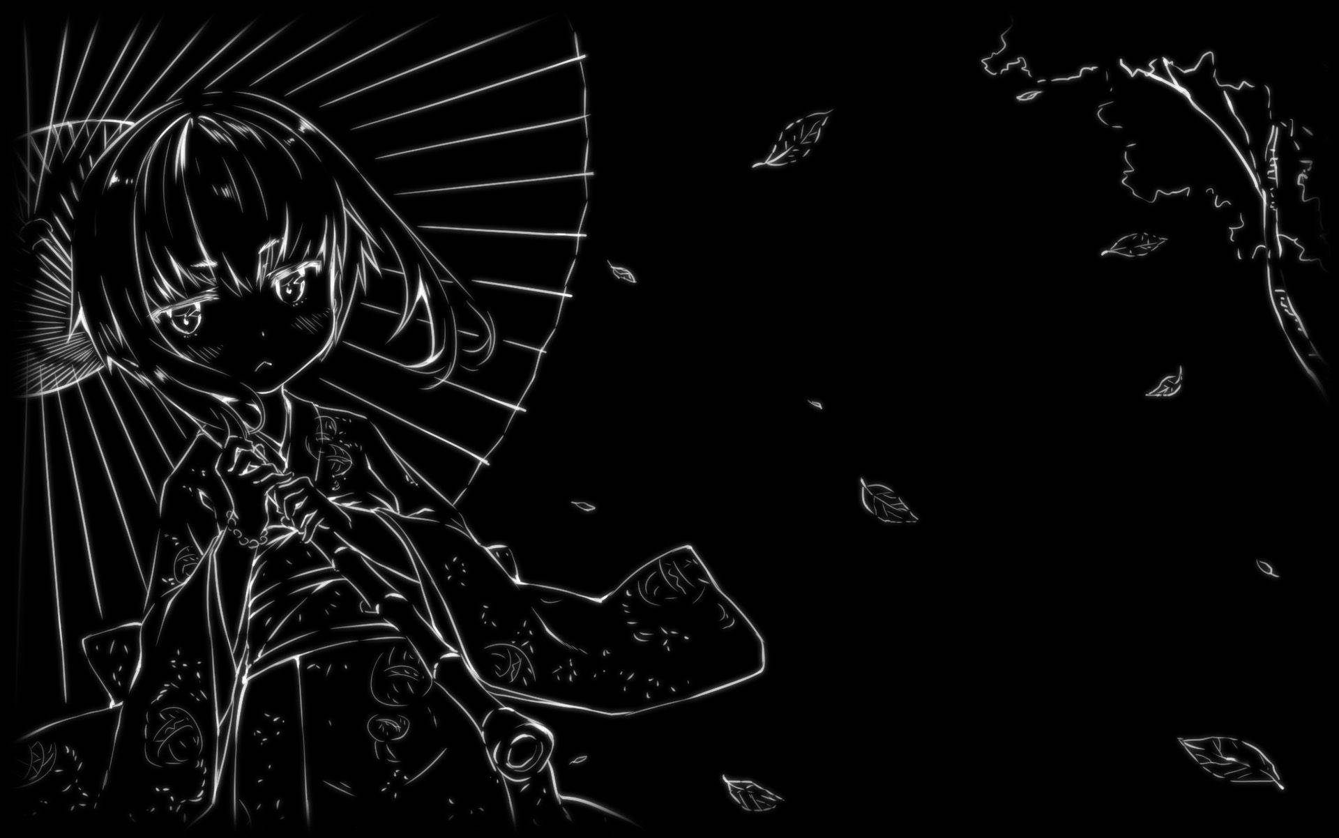 Oulike Swart en Wit Estetiese Anime Meisie Sambreel Muurpapier