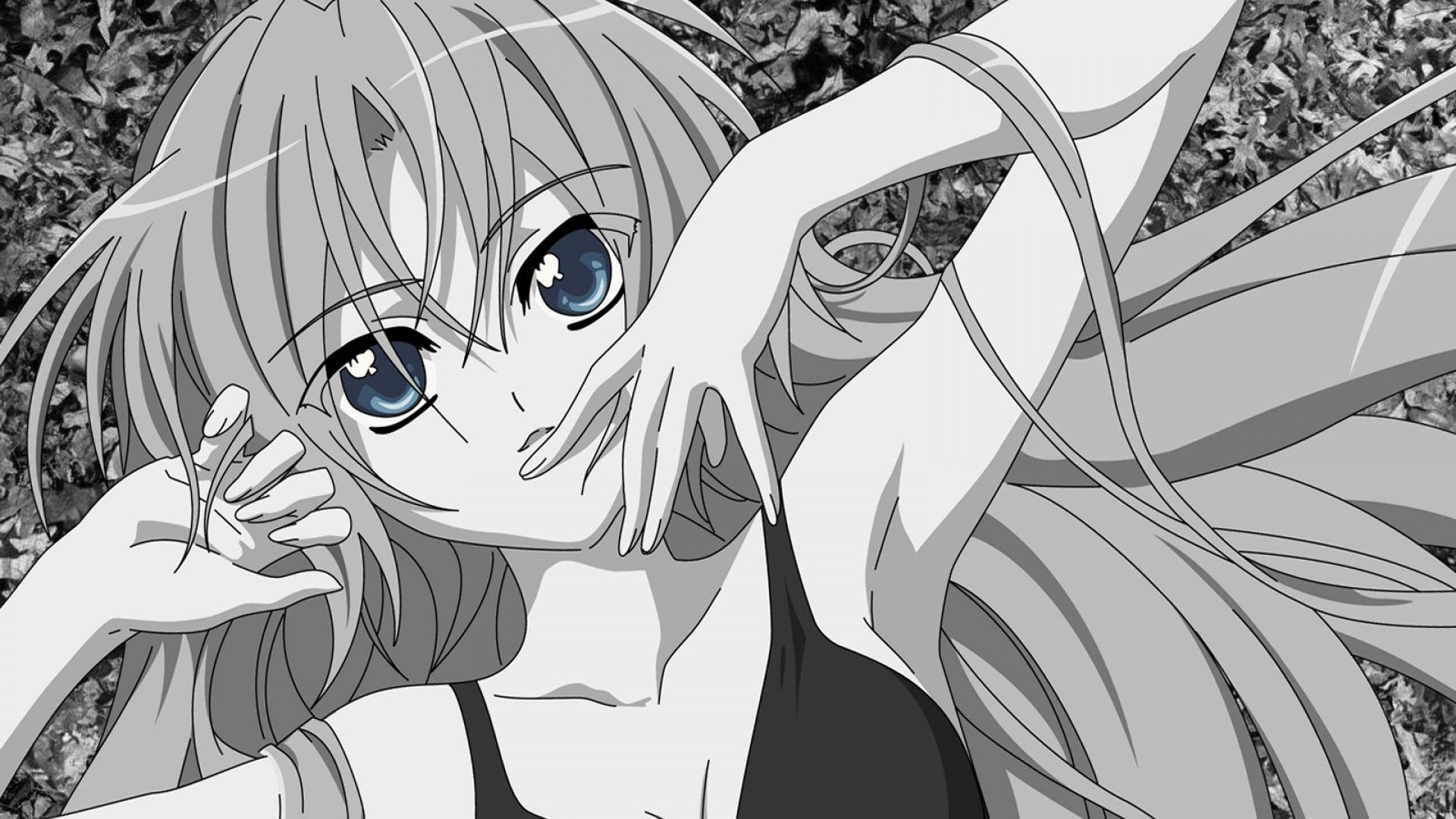 Oulike Swart en Wit Estetiese Anime Meisie Blou Oë Muurpapier