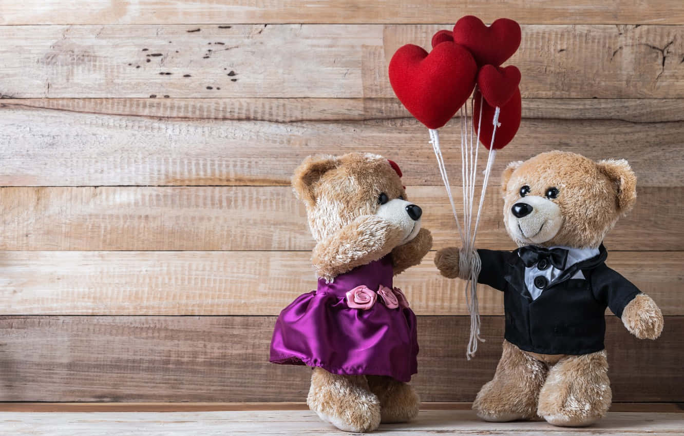Oulike Valentynsdag Teddybere Met Rooi Hartballonne Muurpapier