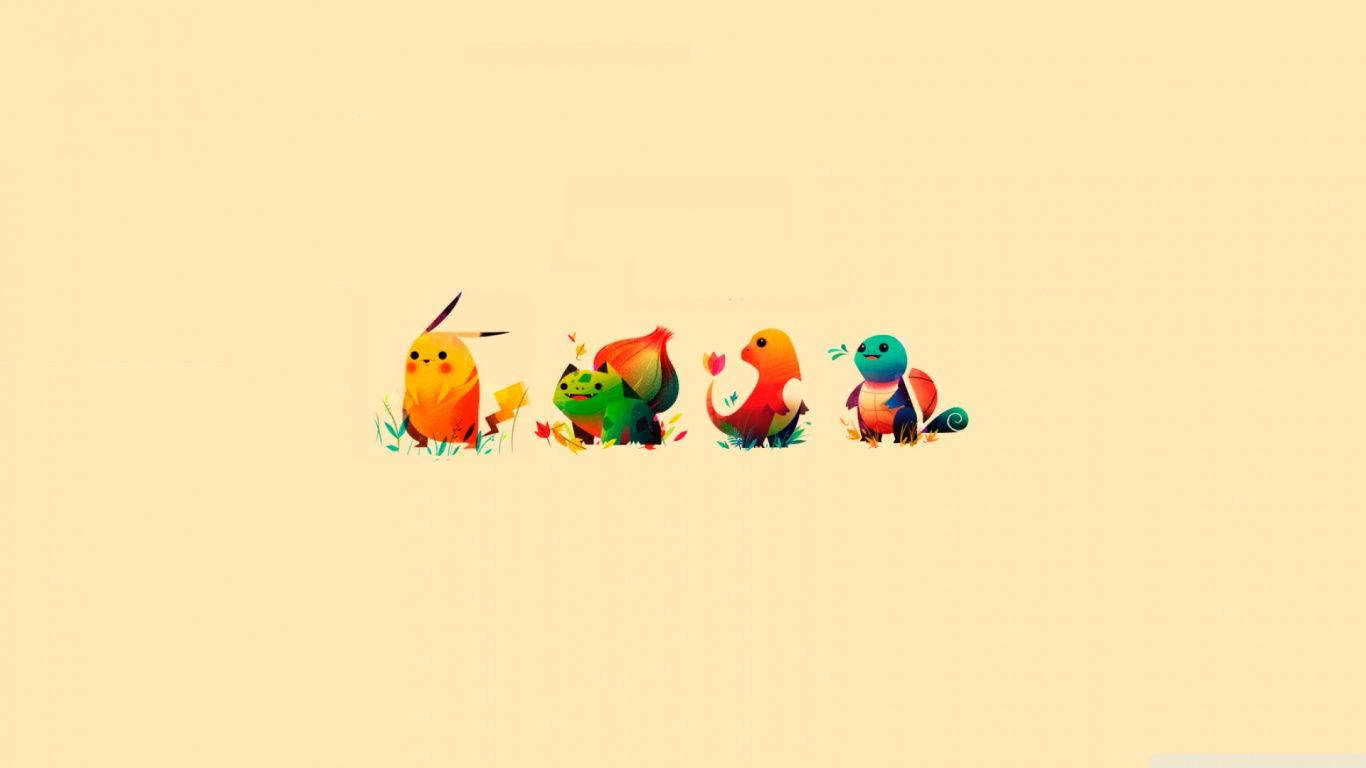 Oulike Chibi Pikachu, Bulbasaur, Charmander en Squirtle minimalistiese kuns agtergrond.