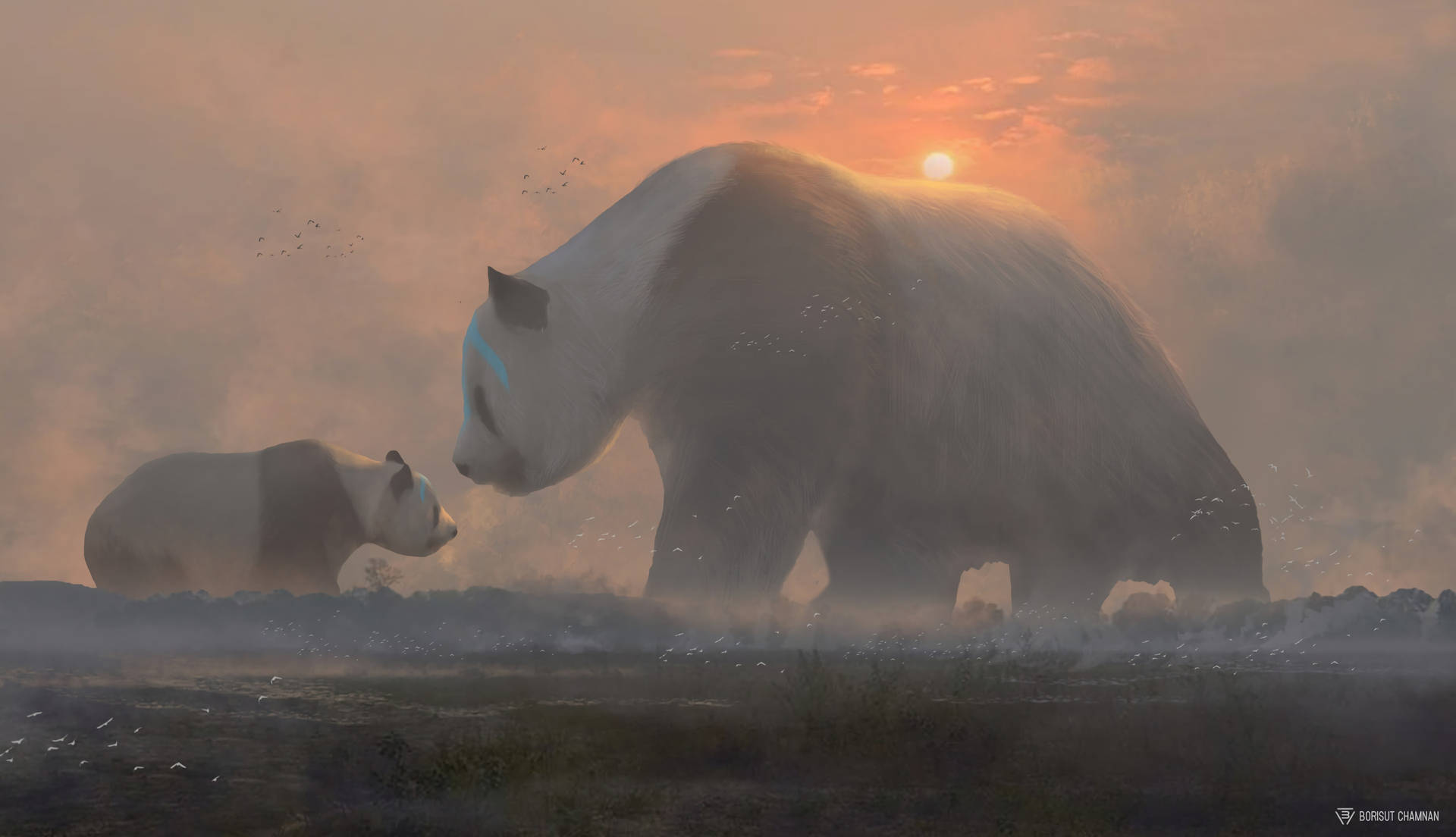 Panda en welp bewolkte sondergang lessenaaragtergrond.