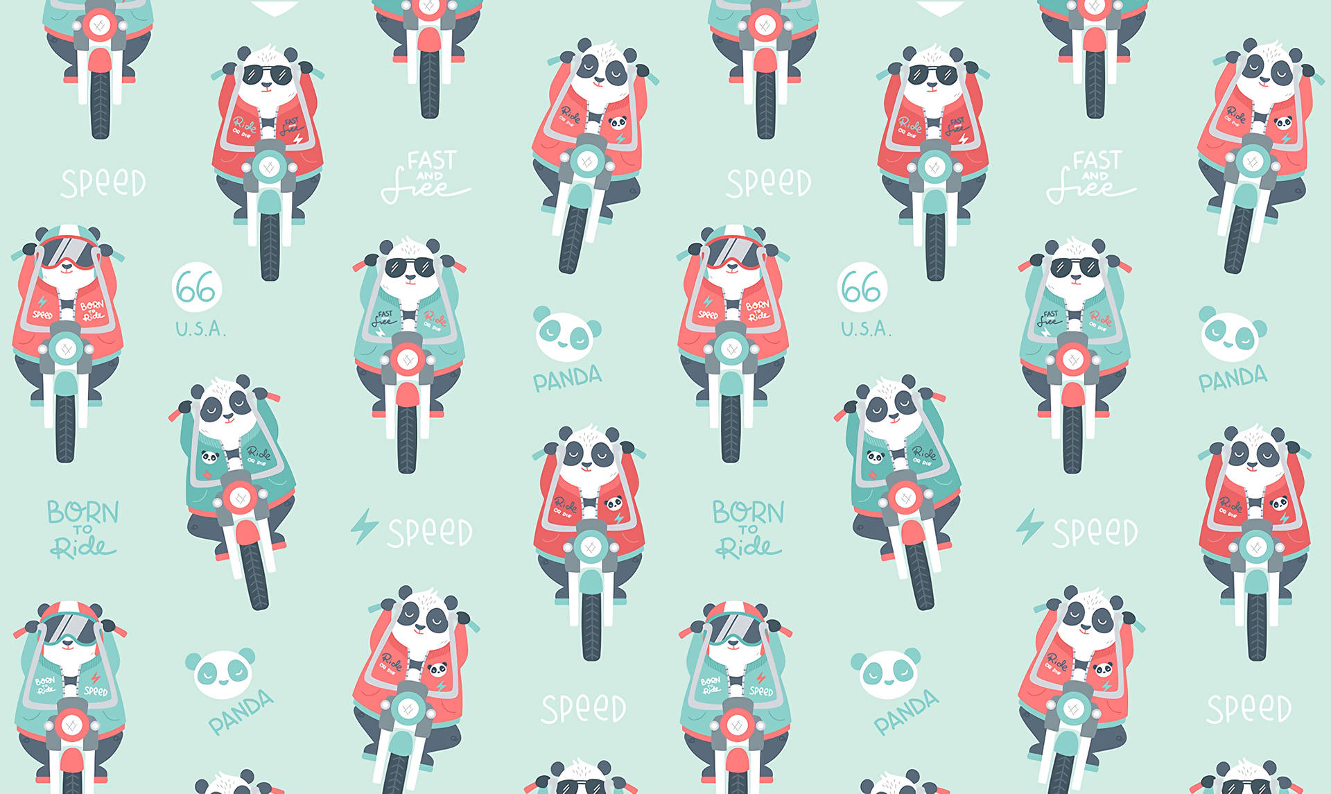Panda op motorfiets patroon muntgroen lessenaaragtergrond.