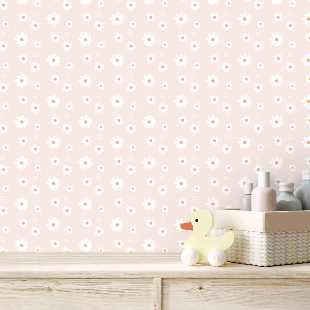 Pastel pienk binneversiering met madeliefies agtergrond Muurpapier