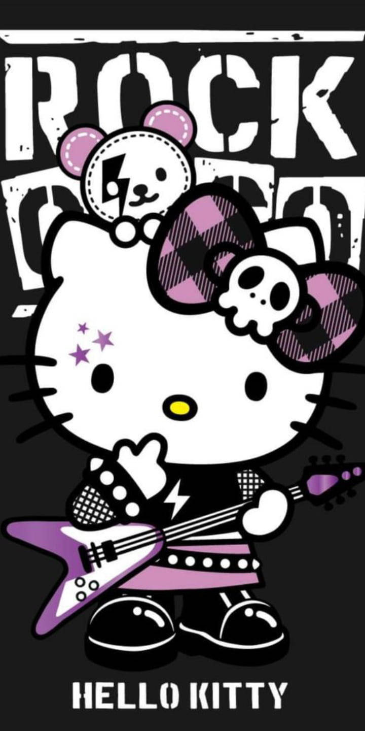 Pers en Swart Hello Kitty Rockstar Muurpapier