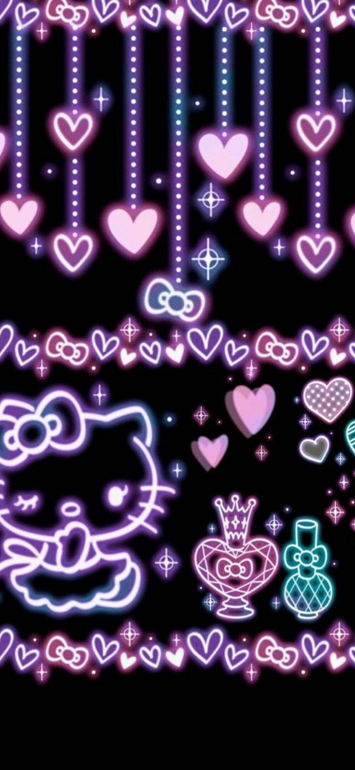 Pers Neon Op Swart Hello Kitty Muurpapier