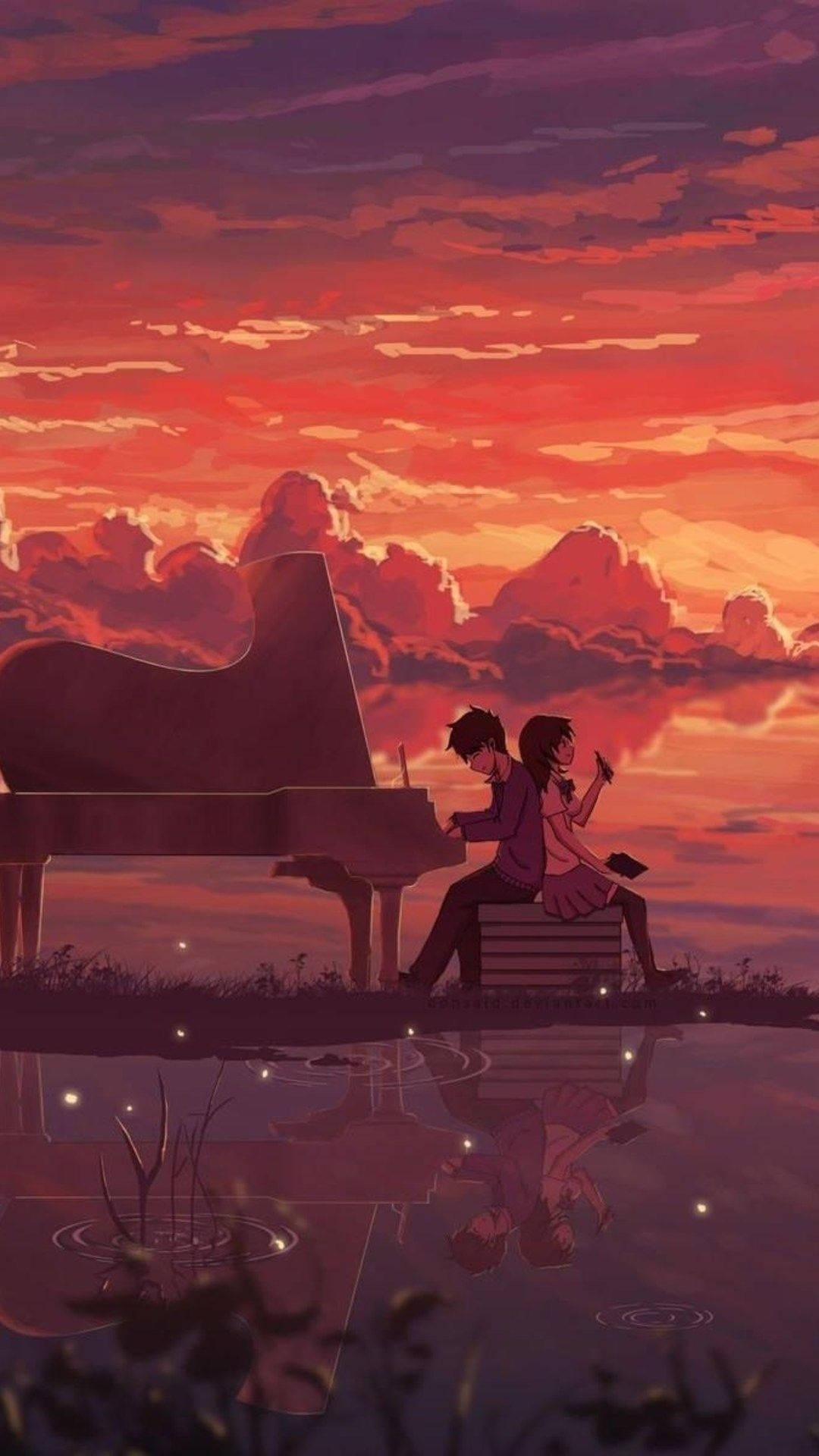 Piano by die Sonsondergang Anime Foon Muurpapier