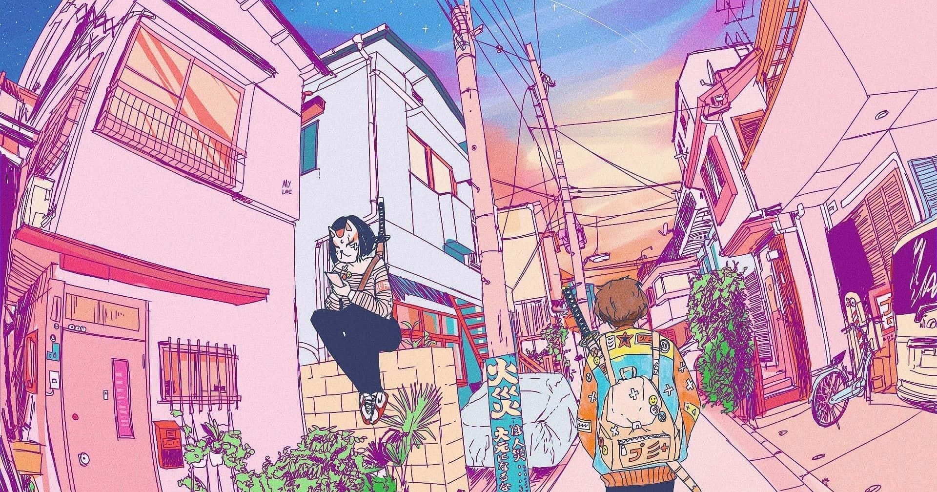 Pienk Anime-estetika prente Muurpapier