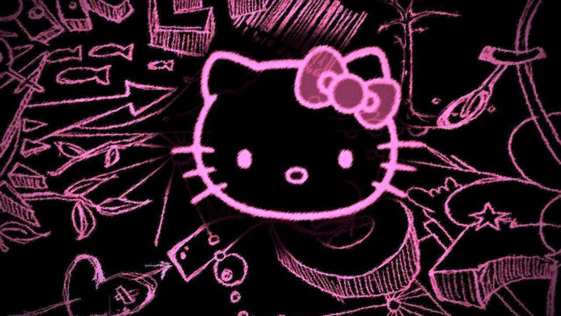 Pienk en Swart Hello Kitty Doodle Muurpapier