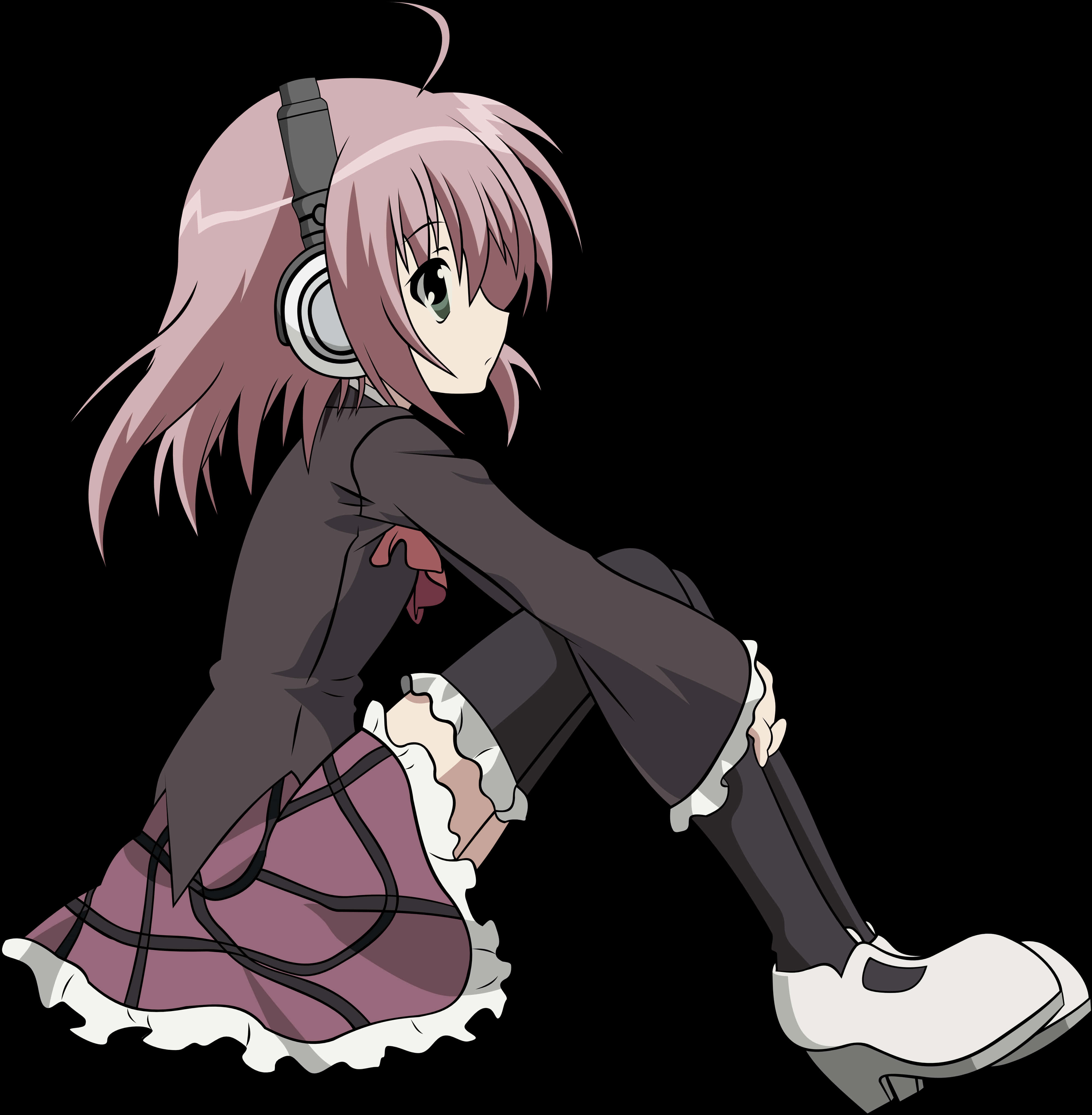 Pienk Hare Anime Meisie Met Oorfone Muurpapier