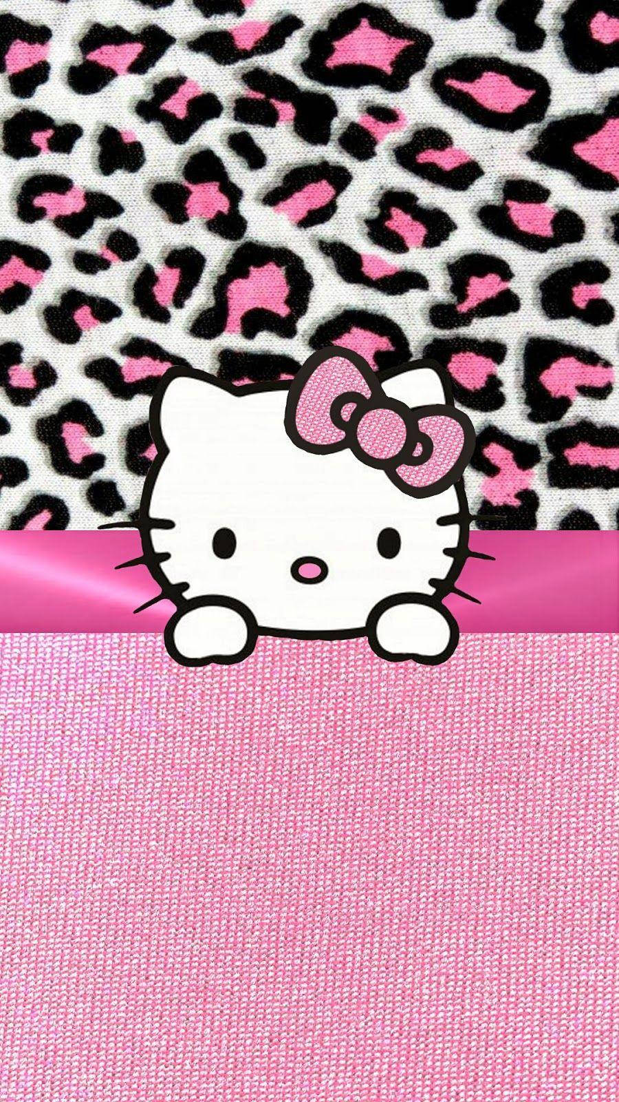 Pienk Hello Kitty met Luiperdtekstiel Muurpapier