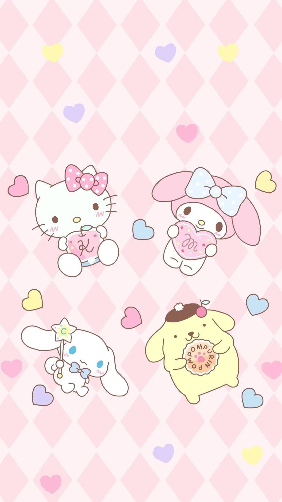 Pienk Hello Kitty in Ruitpatroon Muurpapier