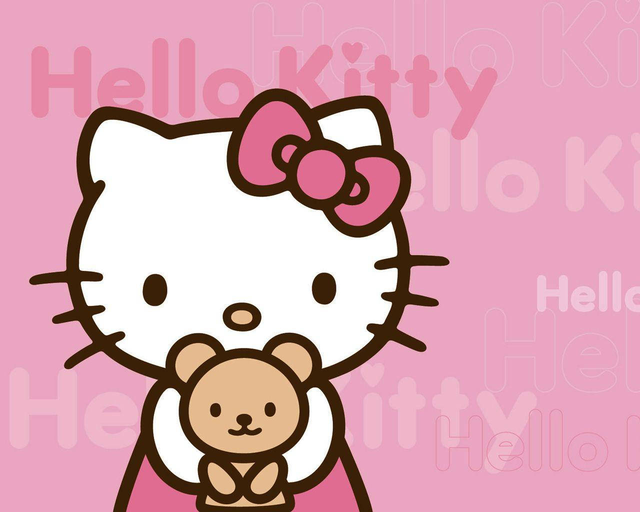 Pienk Hello Kitty met Teddybeer Muurpapier