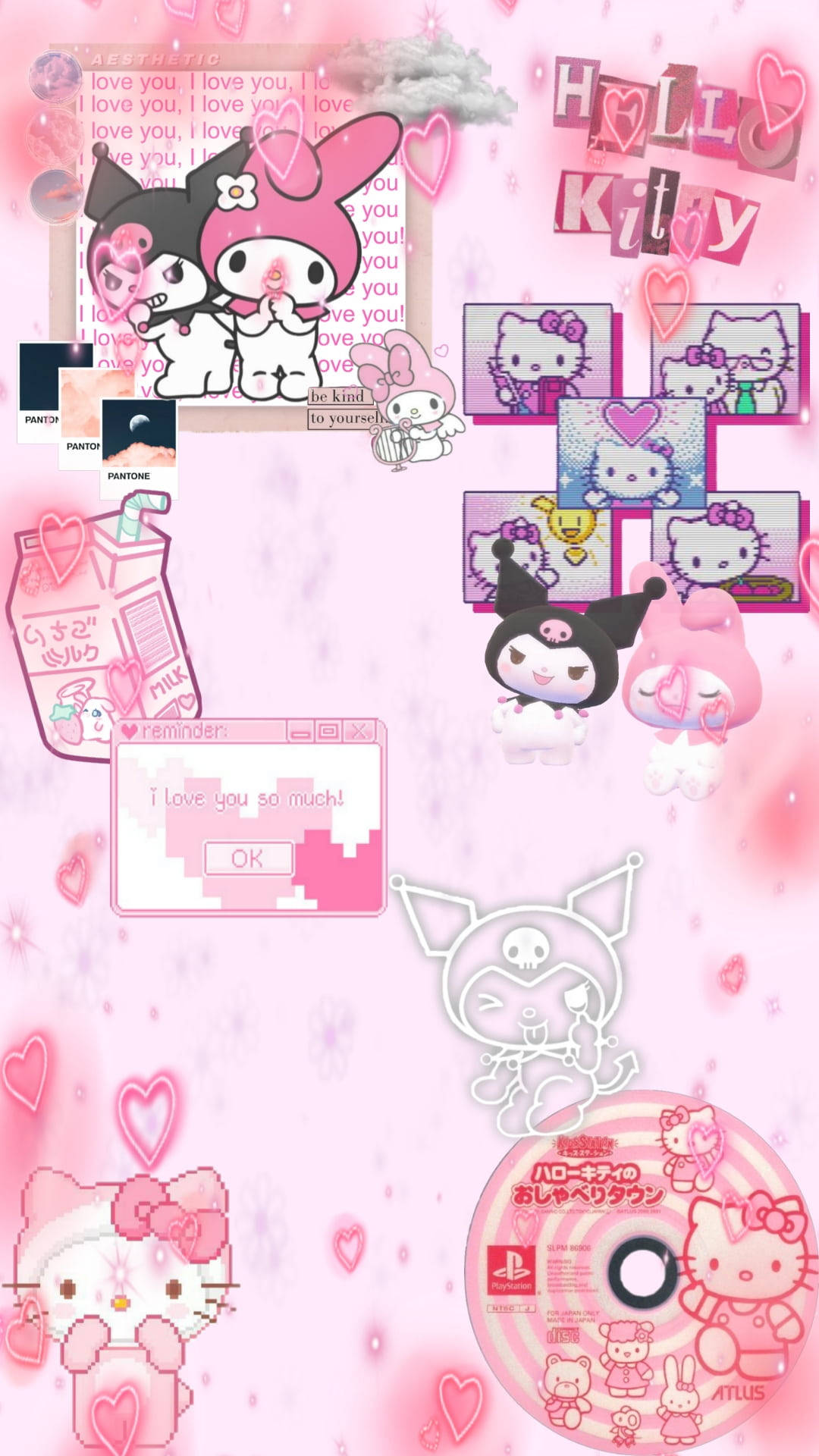 Pienk Hello Kitty saam met Sanrio-karakters Muurpapier